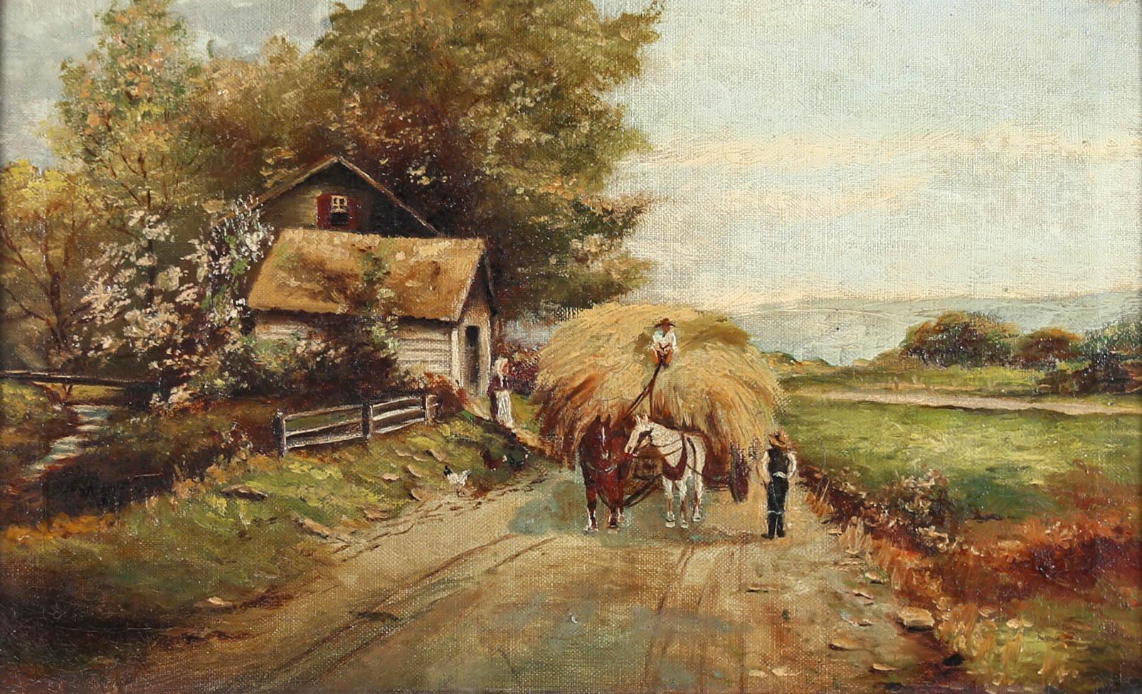 Framed Early 20th Century Oil - Bringing in the Hay - Painting by Unknown