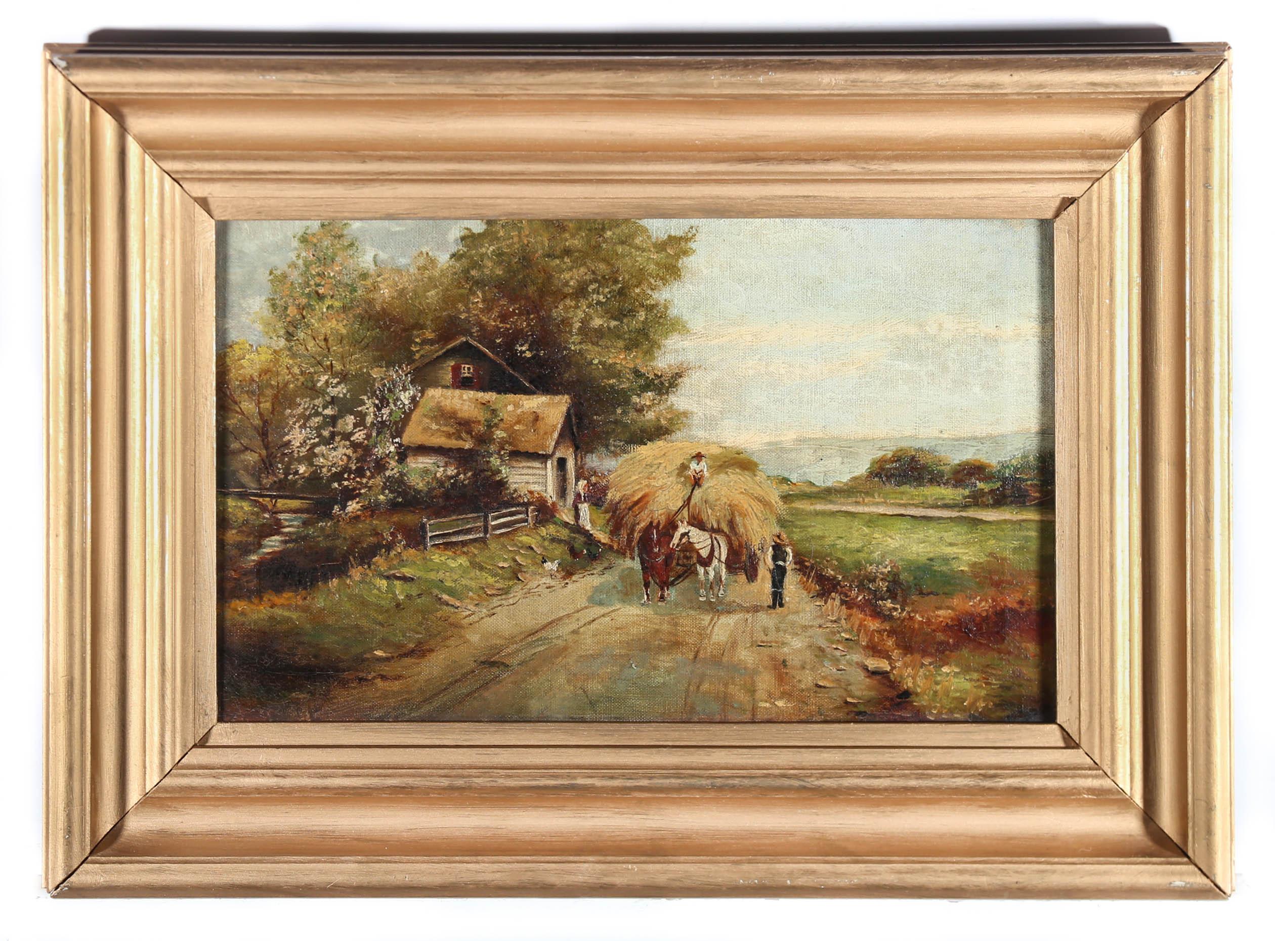 A charming early 20th century oil depicting the seasonal task of bring in the hay. Here, a farmhand can be seen riding the hay cart back to the yard along a picturesque country lane. Another helper can be seen walking on foot, keeping a close eye on