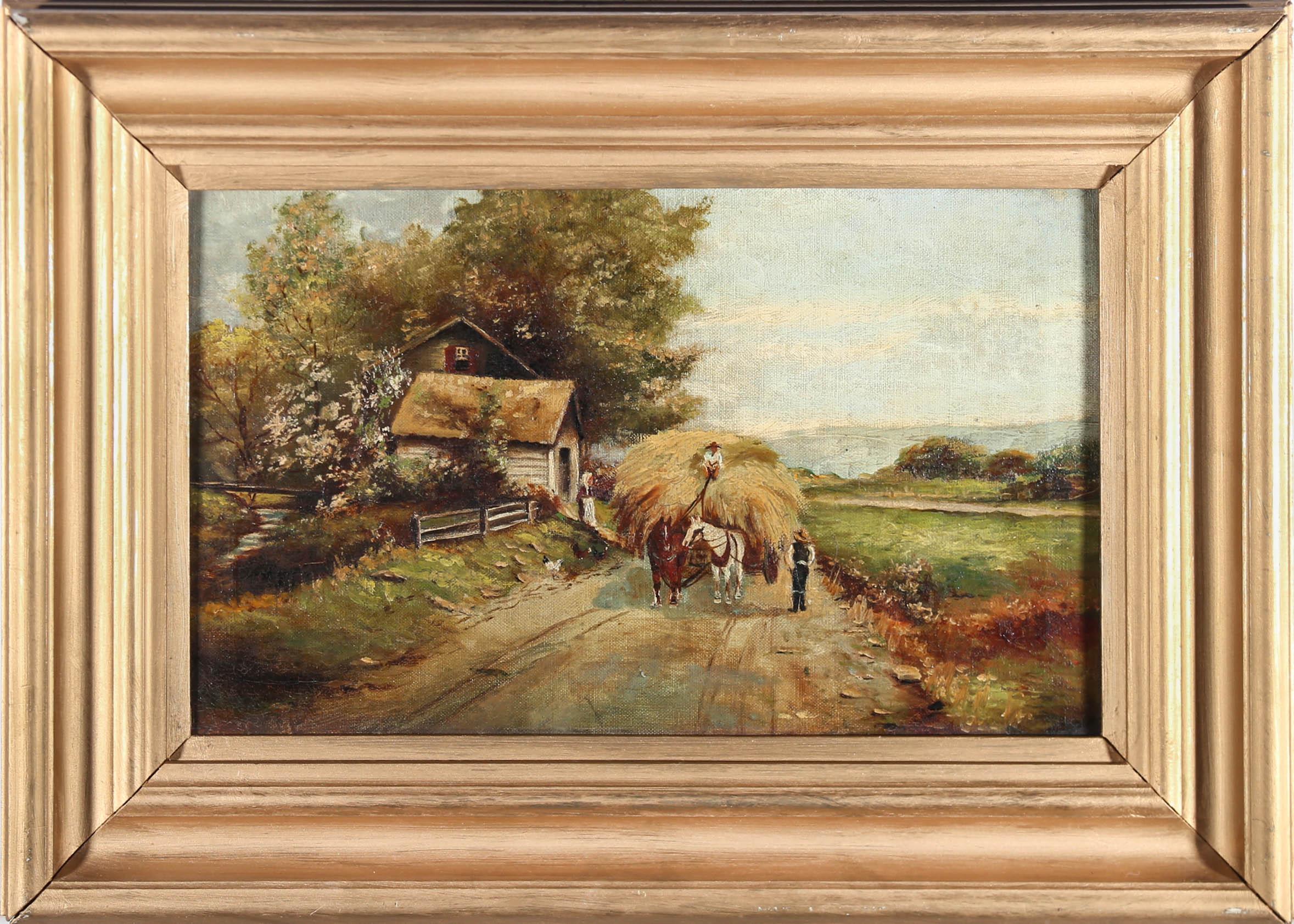 Unknown Landscape Painting - Framed Early 20th Century Oil - Bringing in the Hay