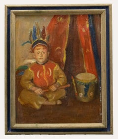 Vintage Framed Early 20th Century Oil - Child in Native American Costume