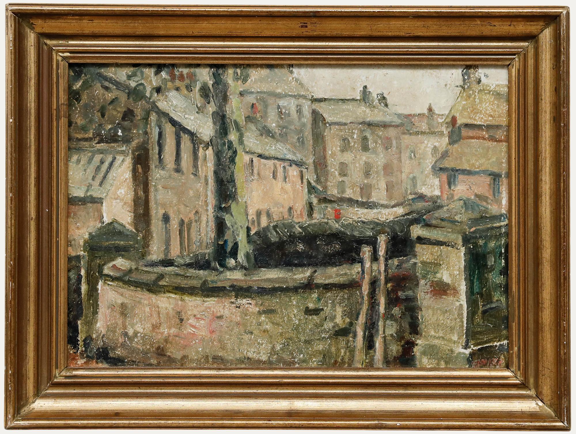 Huile encadrée du début du 20e siècle - Vue de la ville