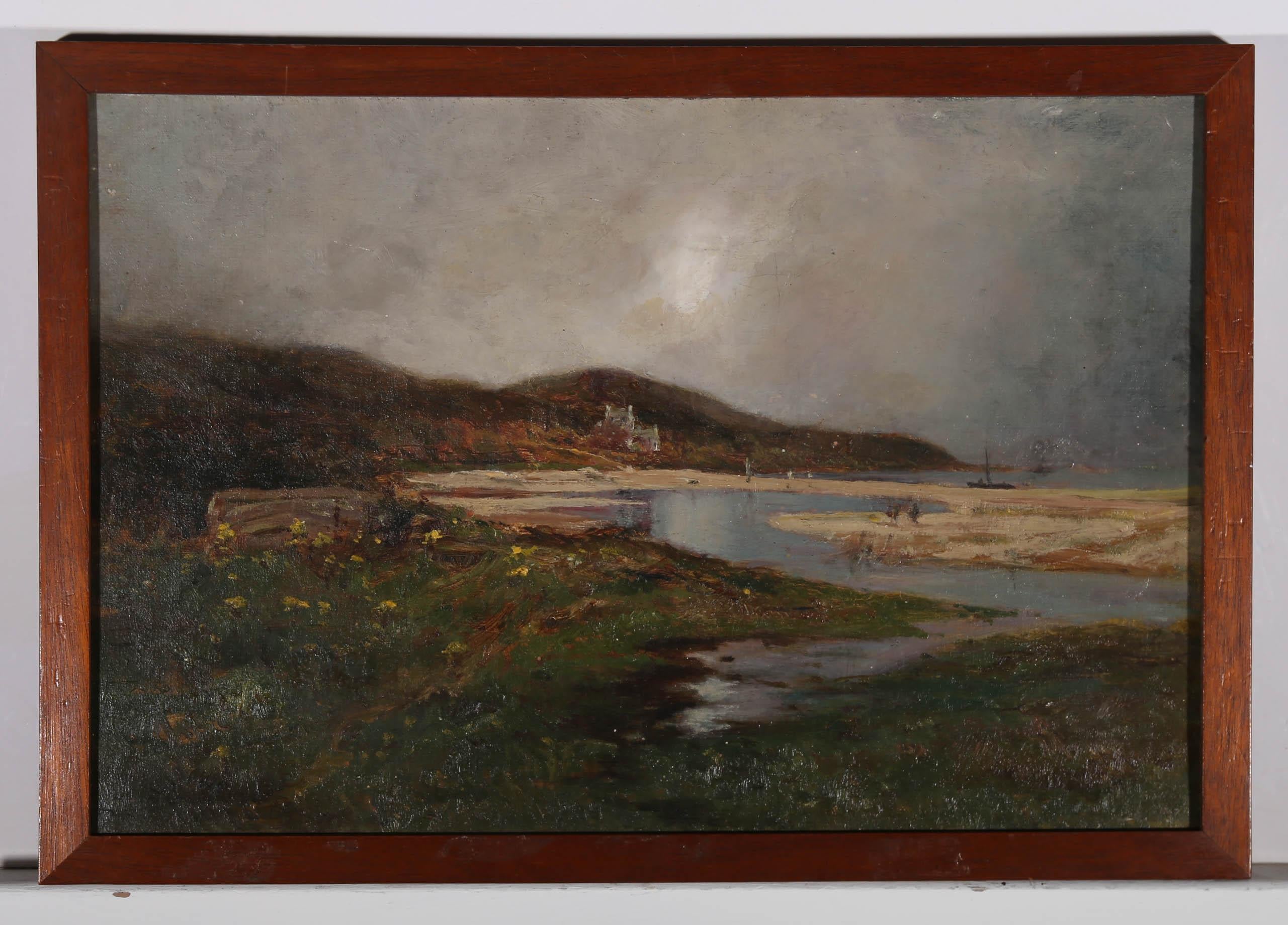 Framed Early 20th Century Oil - Coastal Inlet - Black Figurative Painting by Unknown
