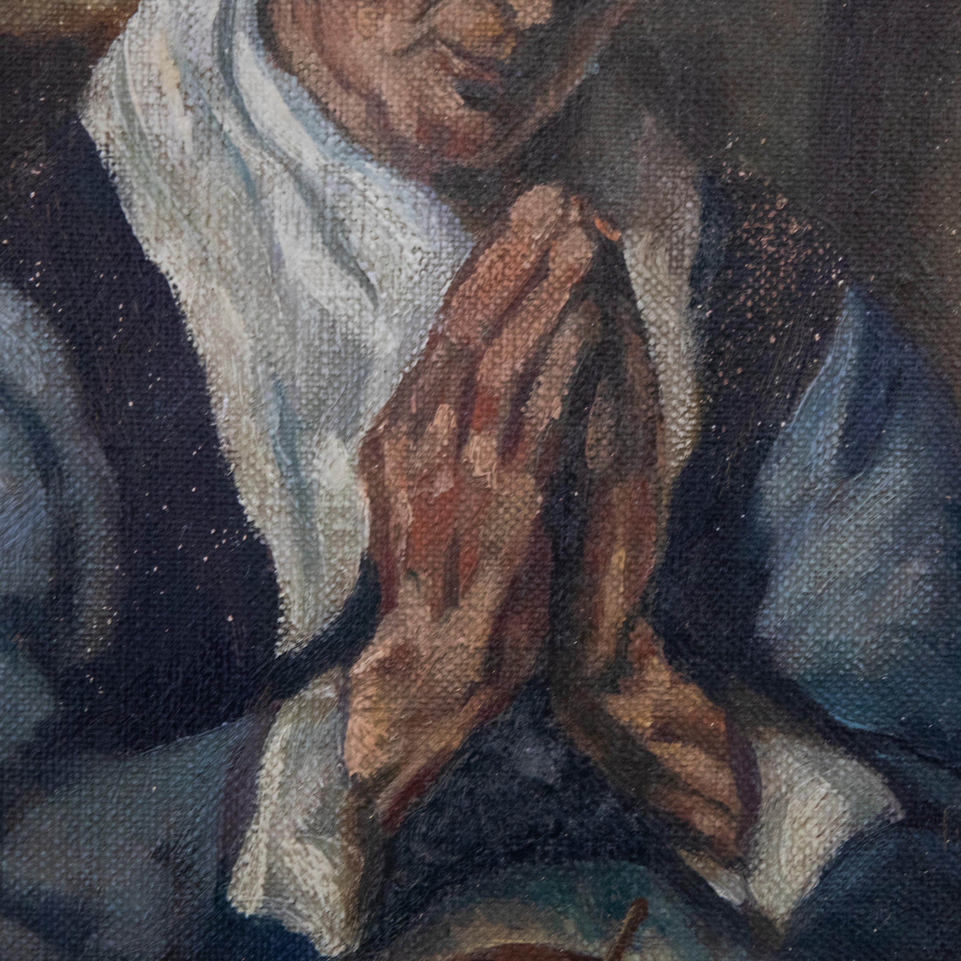 Un accattivante ritratto a olio di un uomo fiammingo durante le sue devozioni prima di cena. Presentato in una splendida cornice con effetto dorato e scanalatura. Senza segno. Su tela su barelle.
