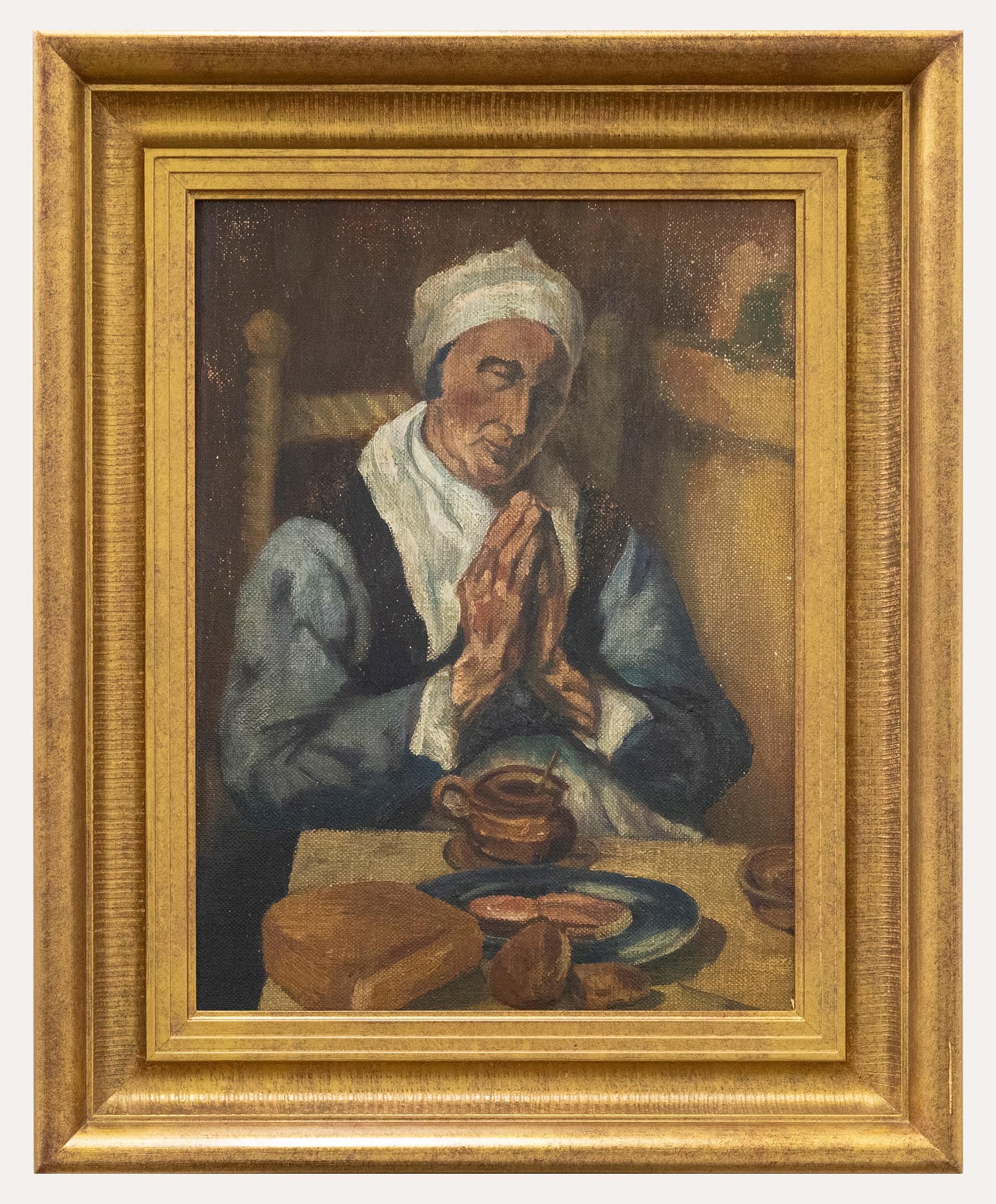 Unknown Portrait Painting - Framed Early 20th Century Oil - Daily Devotions
