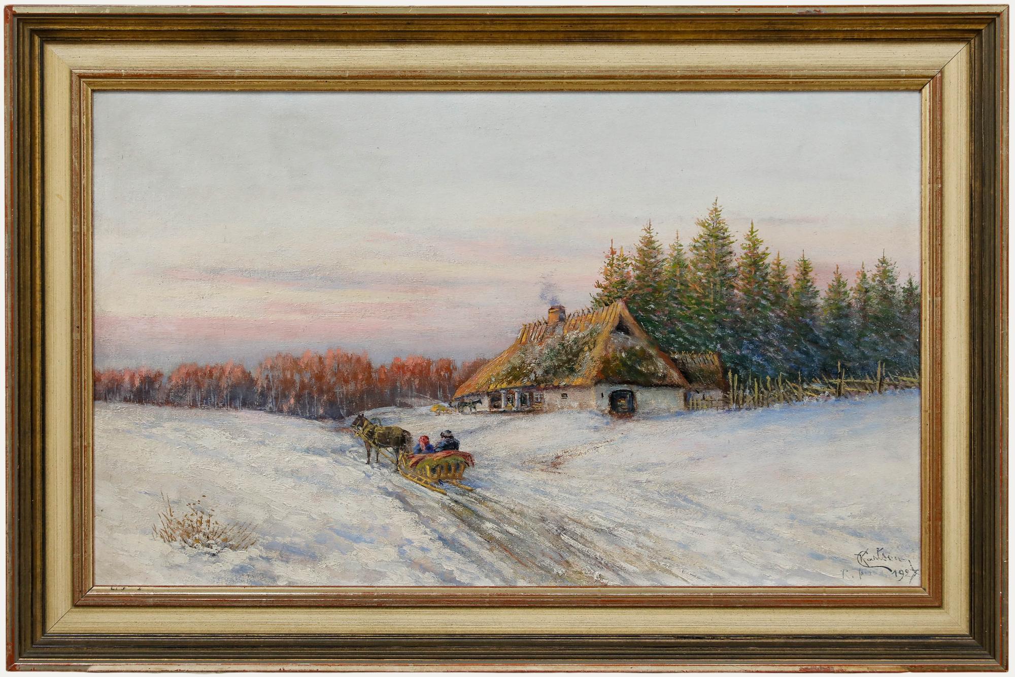 Framed Early 20th Century Oil - Dashing Through the Snow