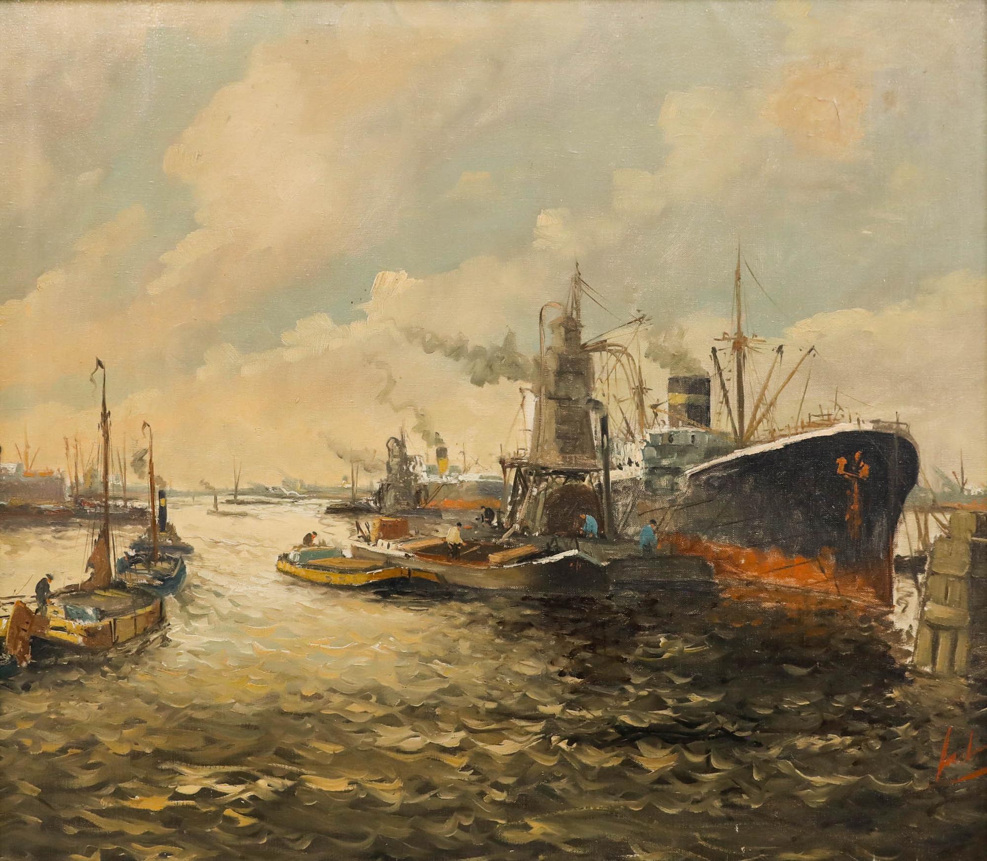 Huile encadrée du début du 20e siècle - Matinée au port - Painting de Unknown