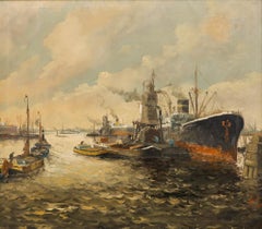 Framed Early 20th Century Oil - Early Morning at the Harbour