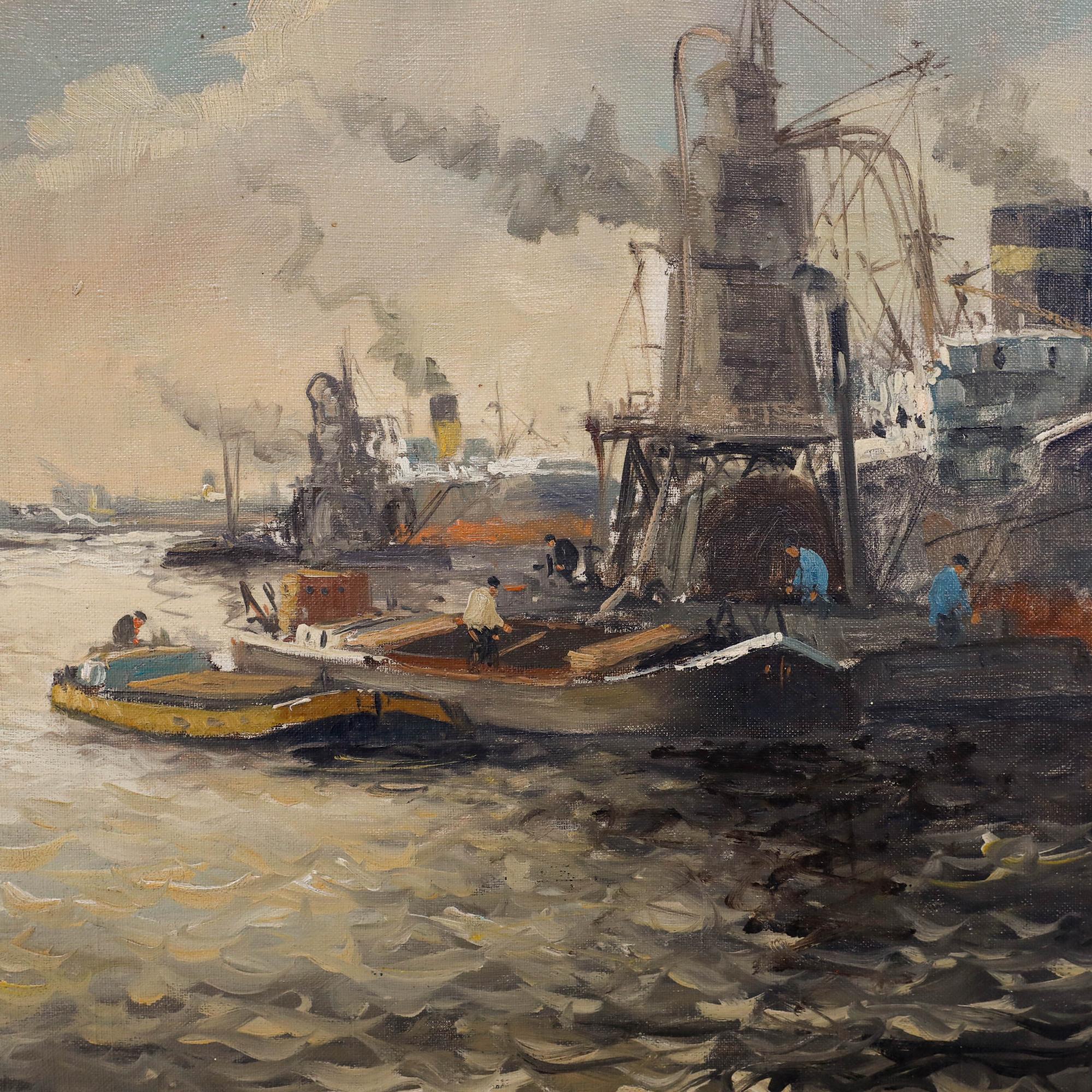 Huile encadrée du début du 20e siècle - Matinée au port en vente 1