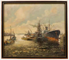 Gerahmtes Öl aus dem frühen 20. Jahrhundert - Früher Morgen am Hafen