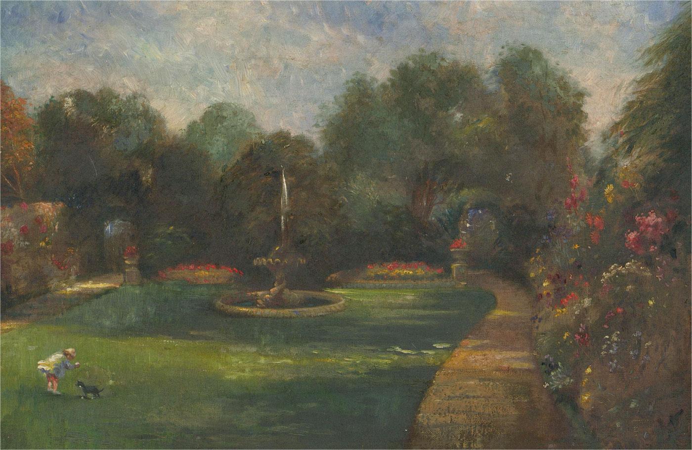 Framed Early 20th Century Oil - Formal Garden - Painting by Unknown