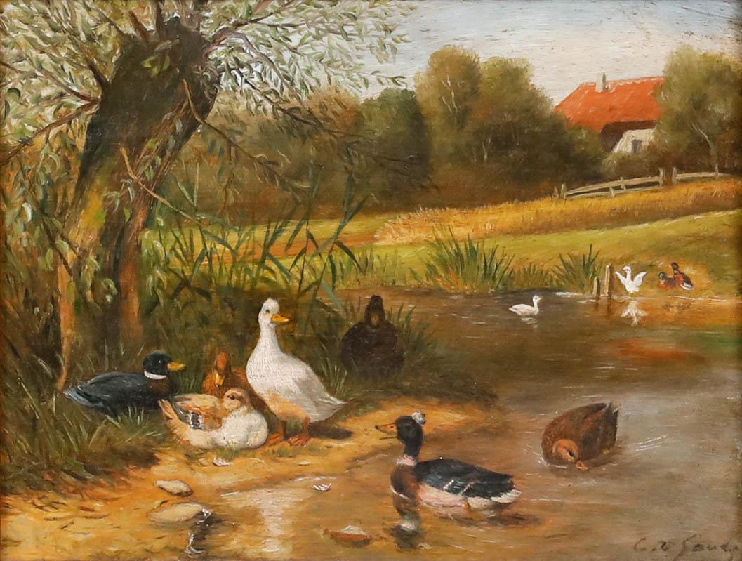 Gerahmtes Öl des frühen 20. Jahrhunderts - Geflügelspiel – Painting von Unknown