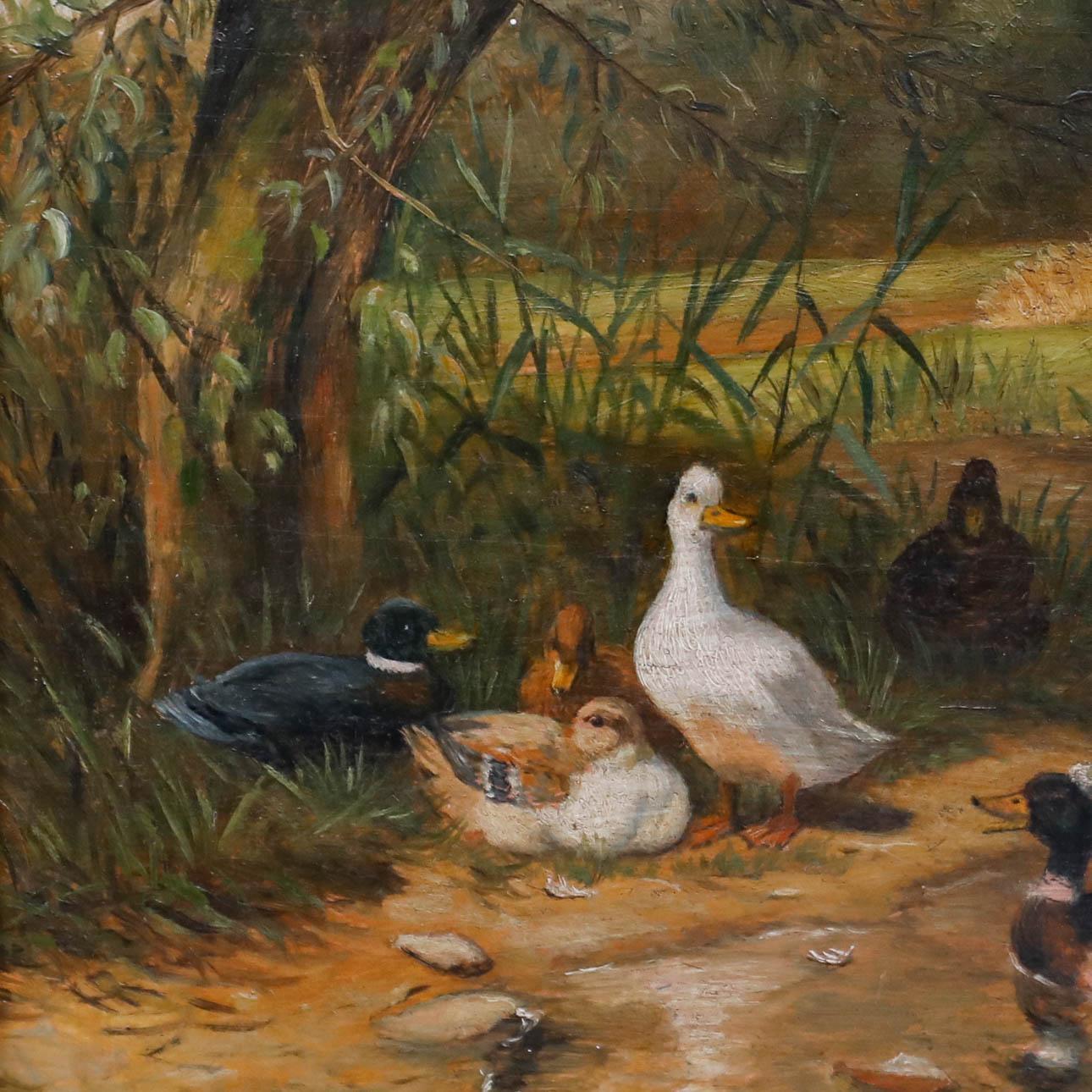 Eine charmante ländliche Szene mit Enten, die sich an einem sanften Fluss versammeln. Undeutlich rechts unten signiert. Gut präsentiert in einem schwarzen Rahmen mit vergoldetem Einband und dekorativen Laufmustern. Auf dem Podium. Bildgröße: 13 x 17