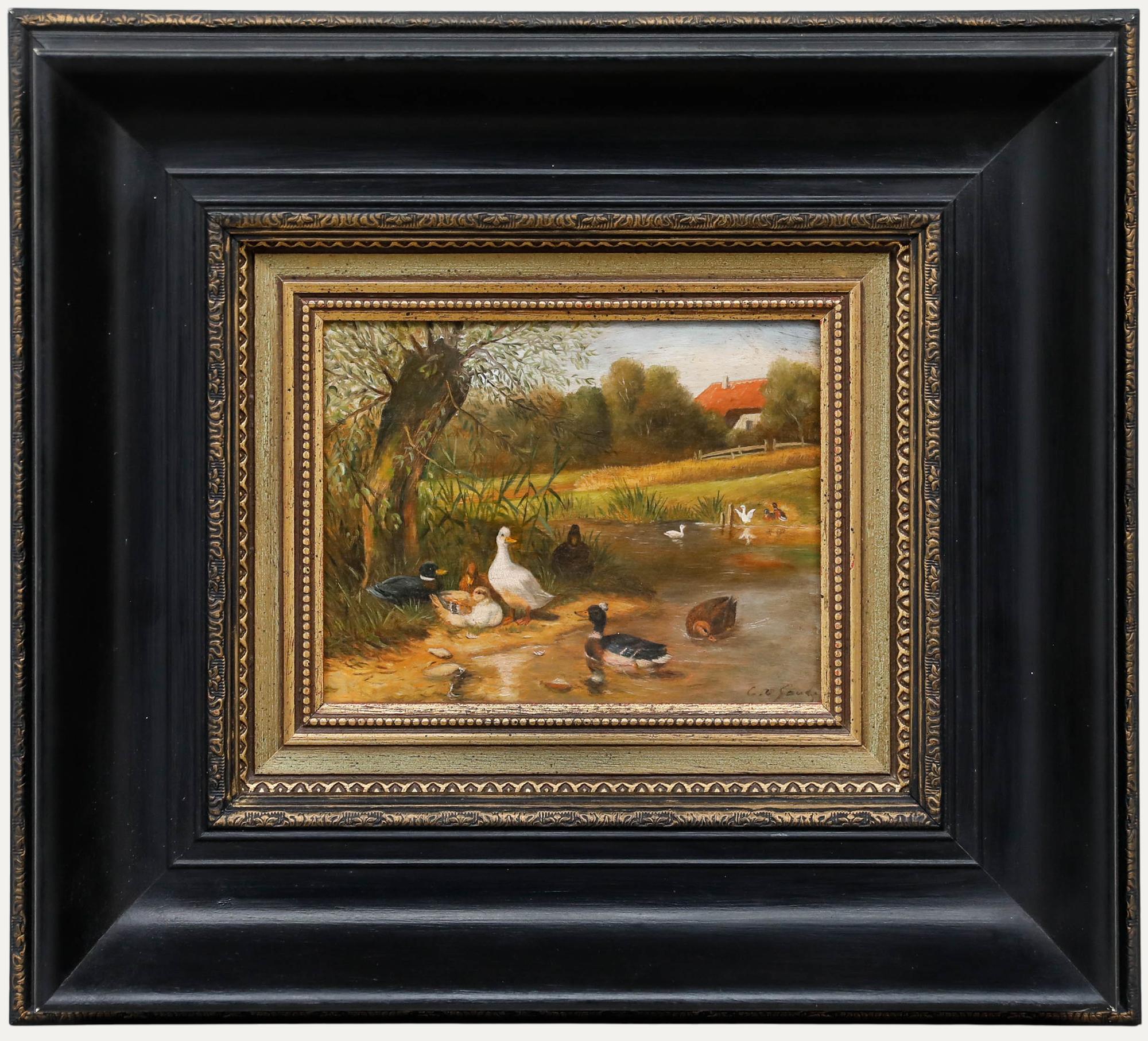 Gerahmtes Öl des frühen 20. Jahrhunderts - Geflügelspiel