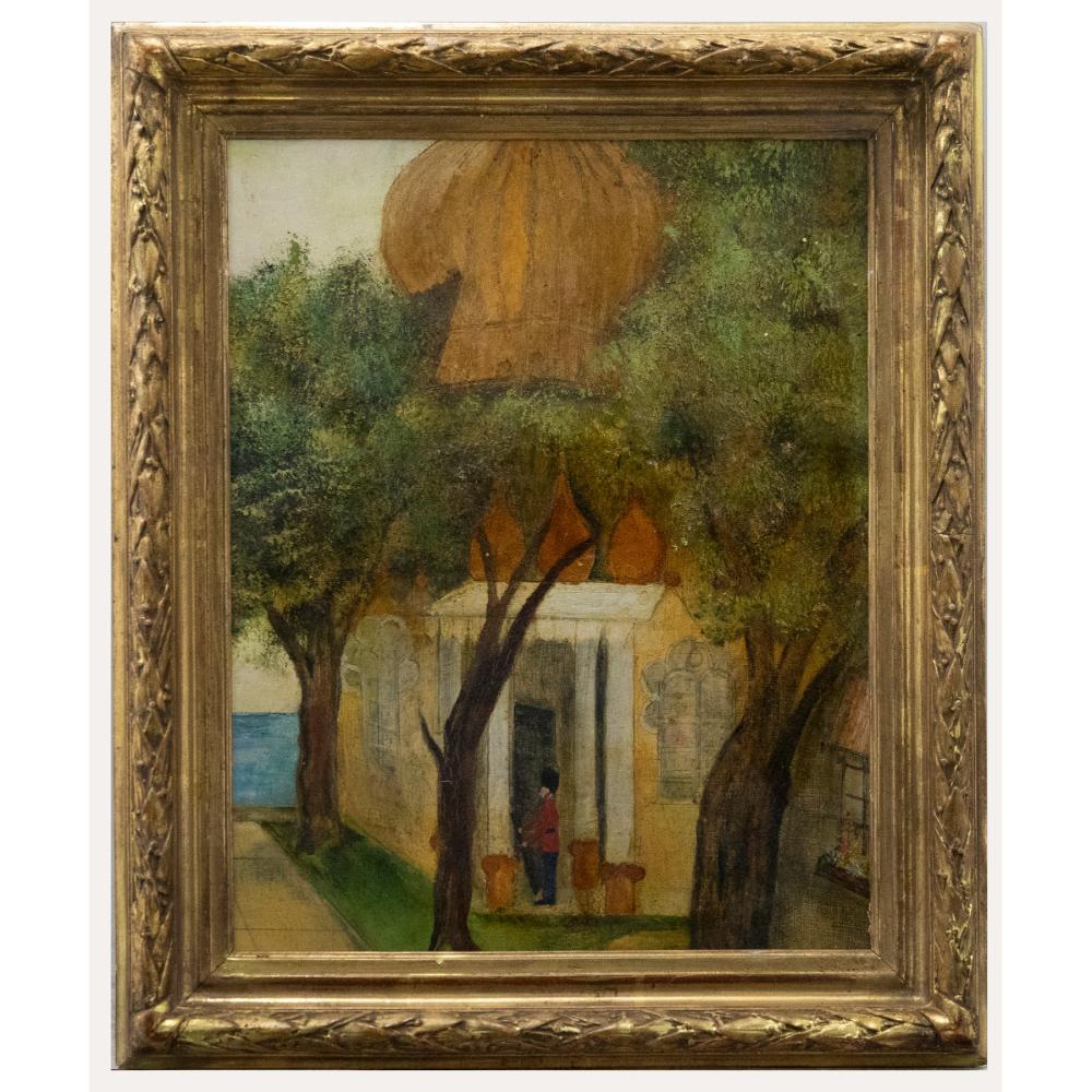 Unknown Landscape Painting - Framed Early 20th Century Oil - Guarding the Temple