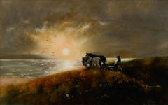 Framed Early 20th Century Oil - Heavy Horses by the Sea