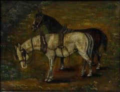 Olio incorniciato dell'inizio del XX secolo - Cavalli in tiro