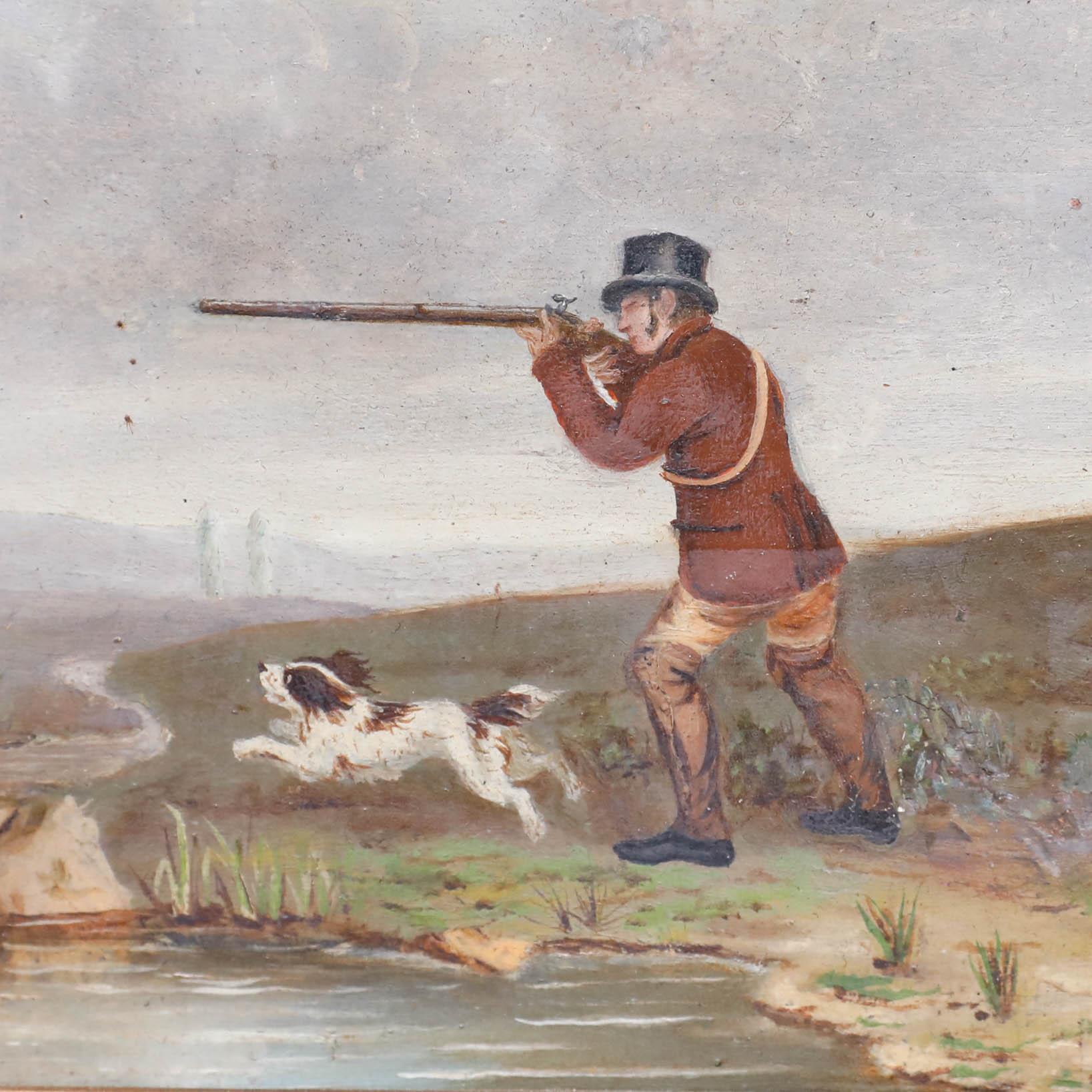 A gentleman takes aim at a bird in flight while his hunting dog sets off in eager pursuit. Well presented in a vintage red and gold painted frame. Unsigned. On board.