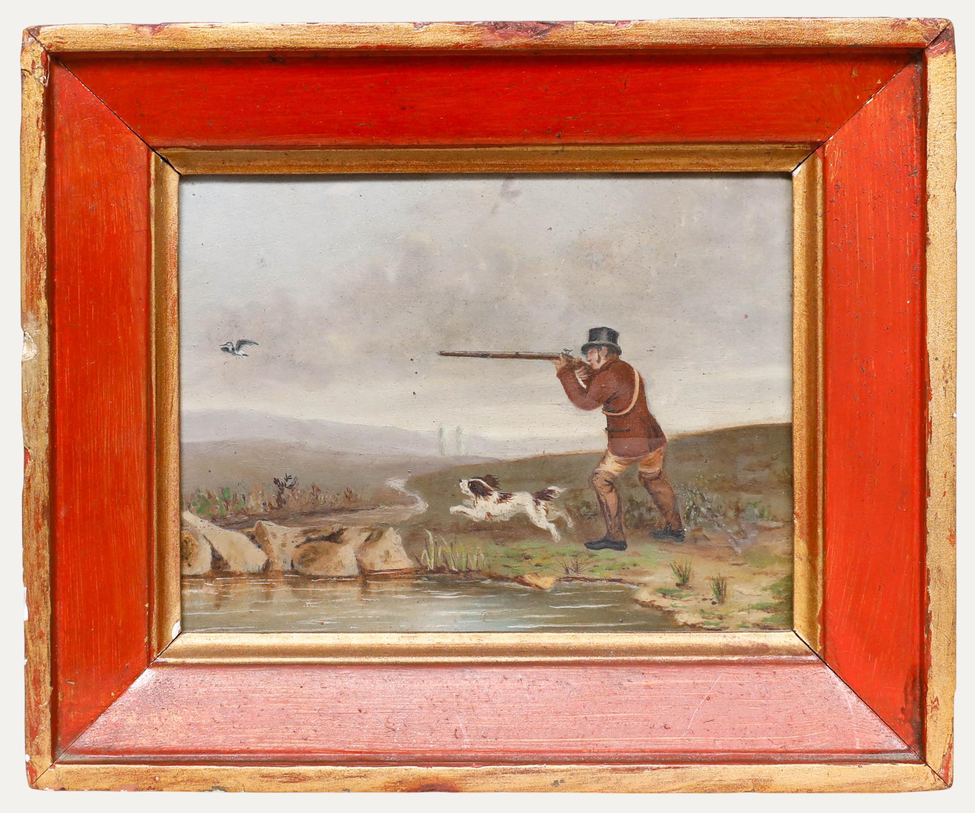 Óleo enmarcado de principios del siglo XX - Caza
