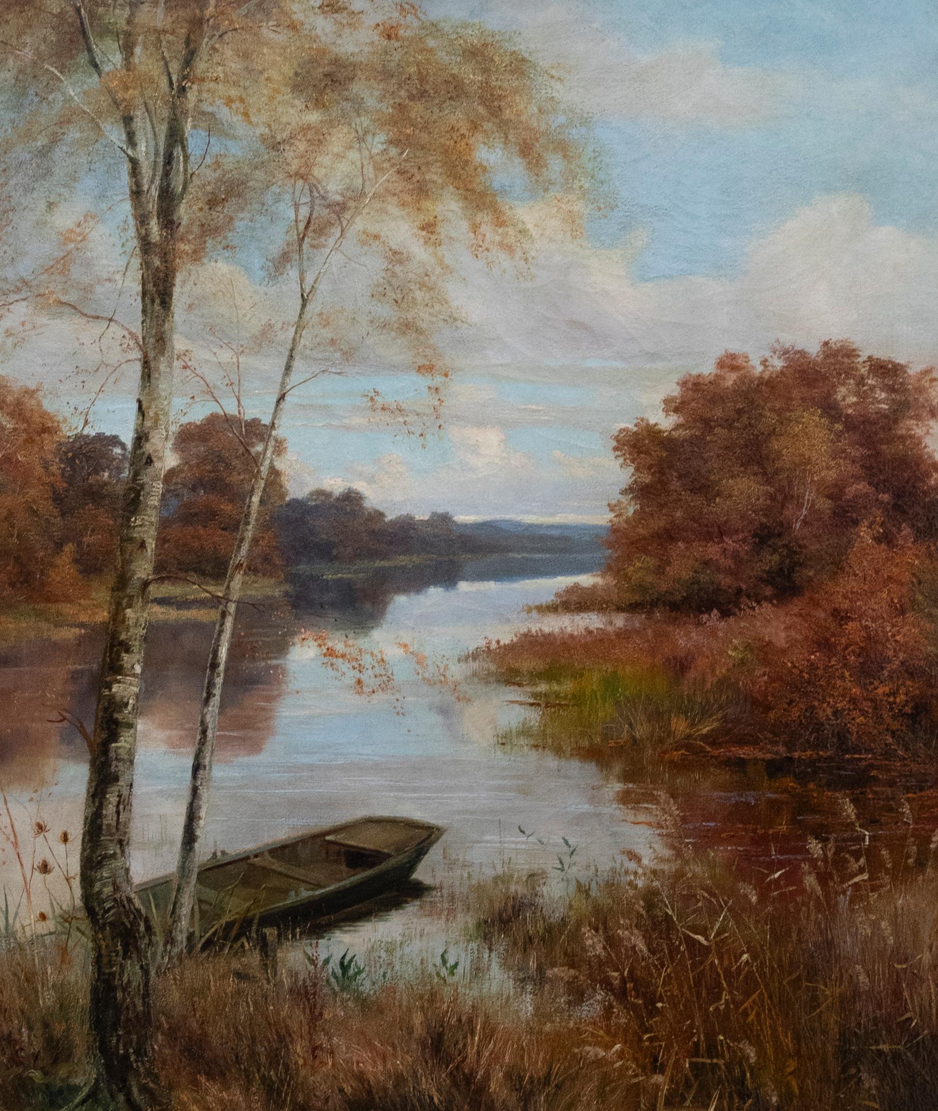 Framed Early 20th Century Oil - Idyllic River View - Painting by Unknown