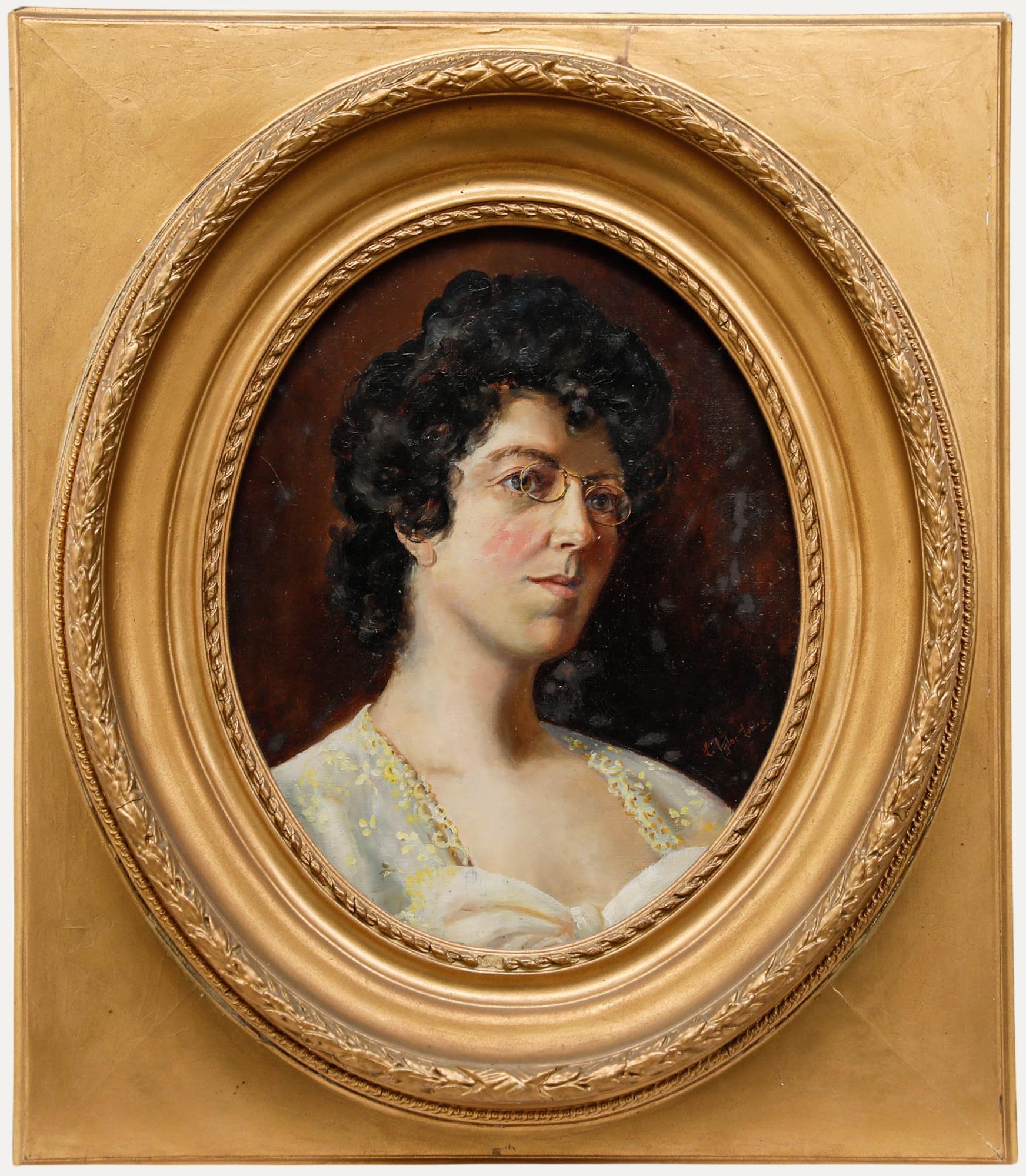 Portrait Painting de Unknown - Óleo enmarcado de principios del siglo XX - Dama de amarillo