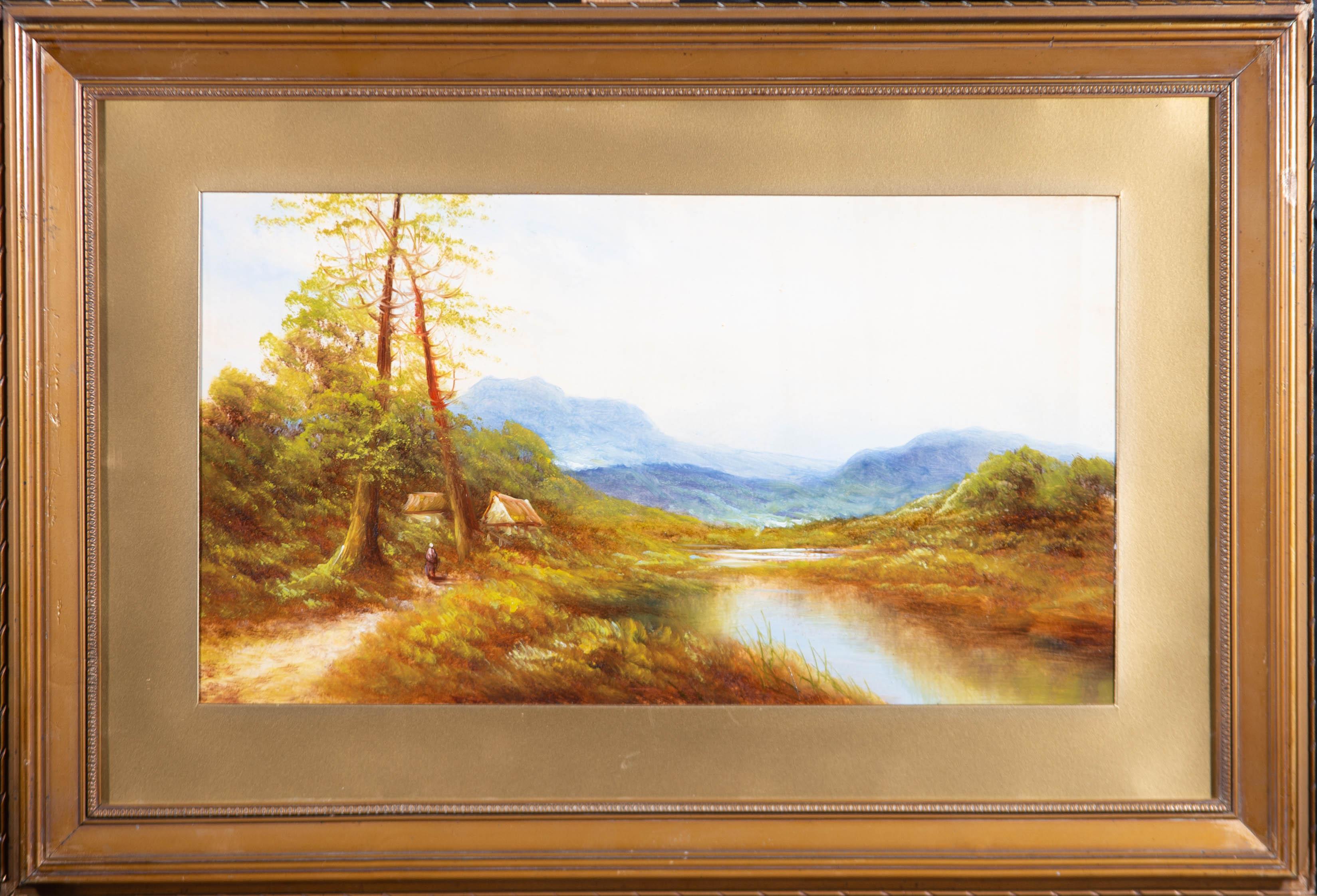 Unknown Landscape Painting - Framed Early 20th Century Oil - Lockside Path