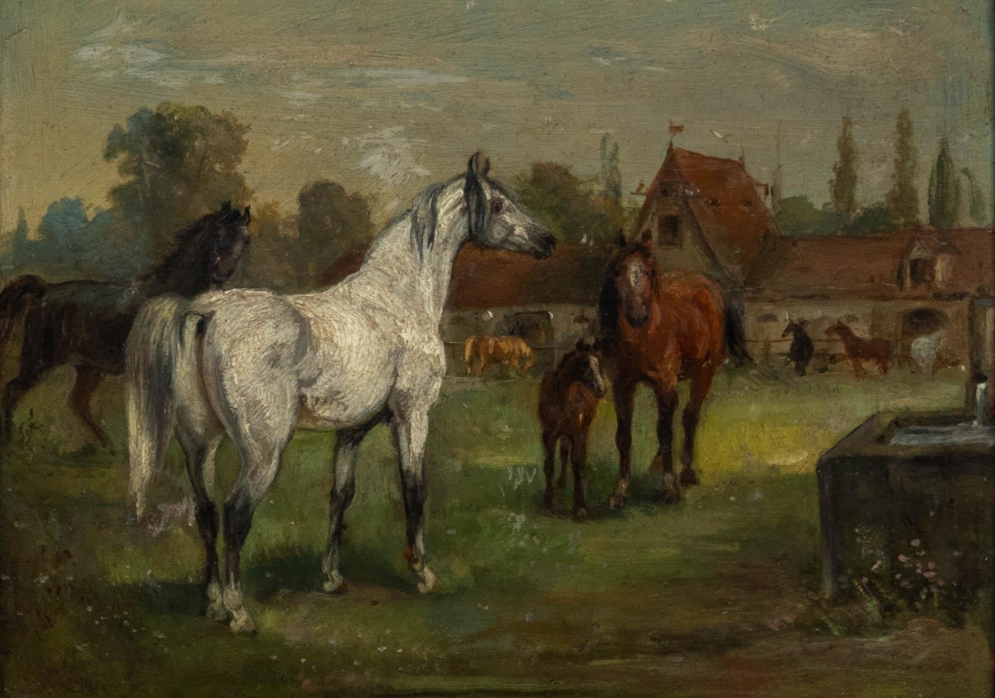 Framed Early 20th Century Oil - Mare with Foal - Painting by Unknown