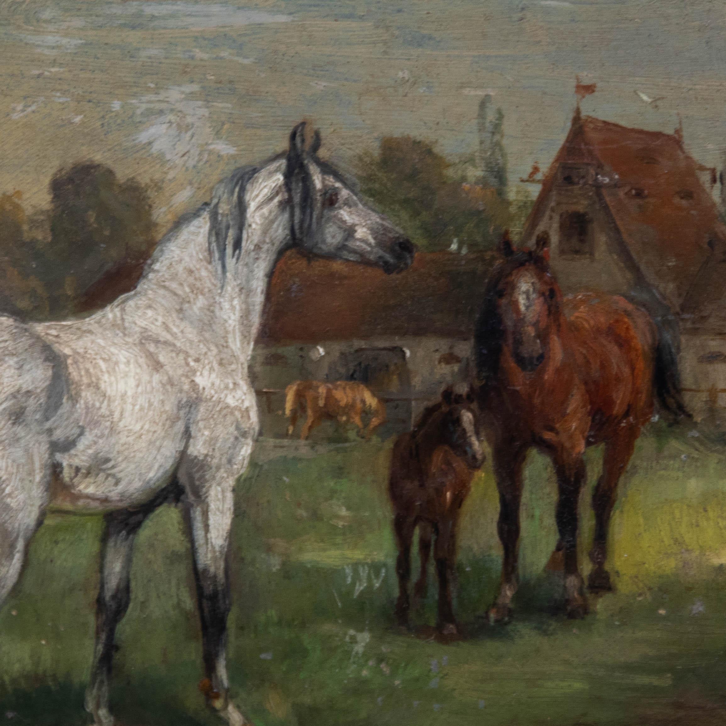 Framed Early 20th Century Oil - Mare with Foal For Sale 1