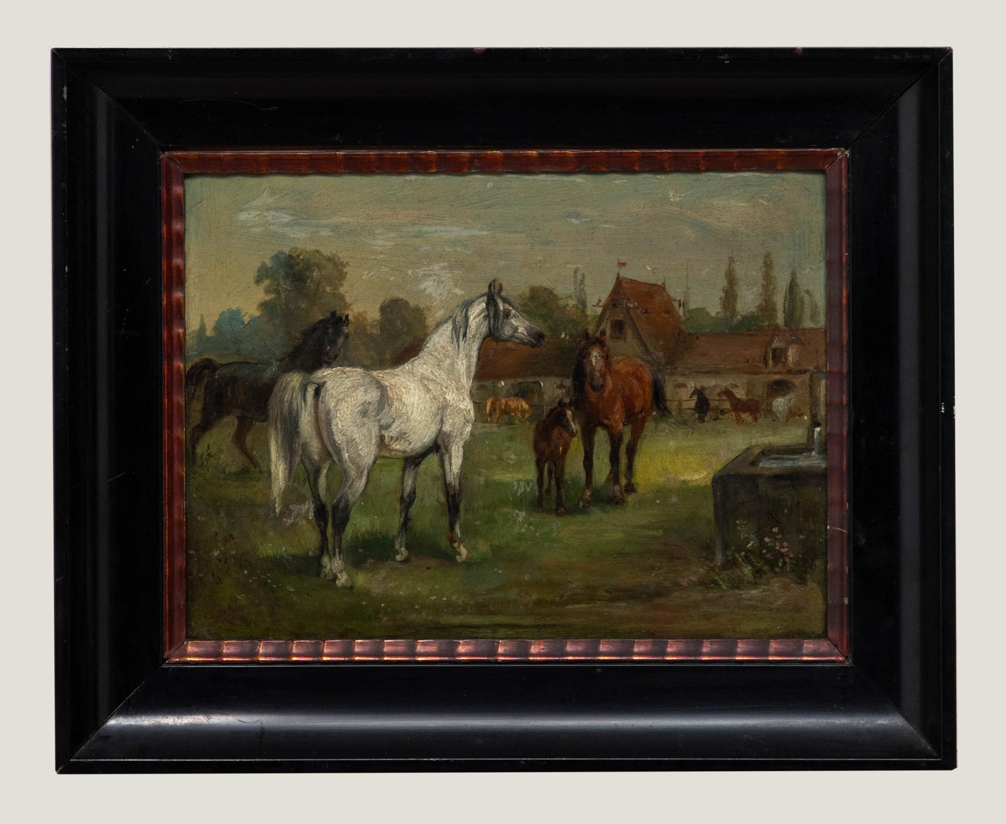 Unknown Landscape Painting - Framed Early 20th Century Oil - Mare with Foal