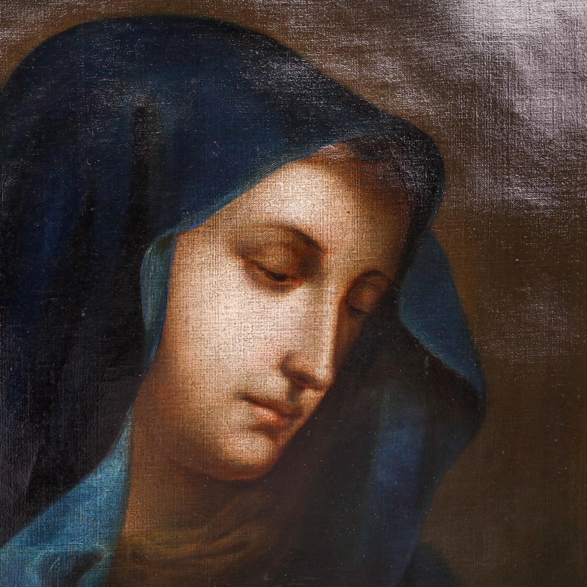 Una delicada representación de la Mater Dolorosa, la Virgen María dolorosa. Bien presentado en un marco ornamentado de efecto dorado. Sin firmar. En lienzo sobre bastidores.