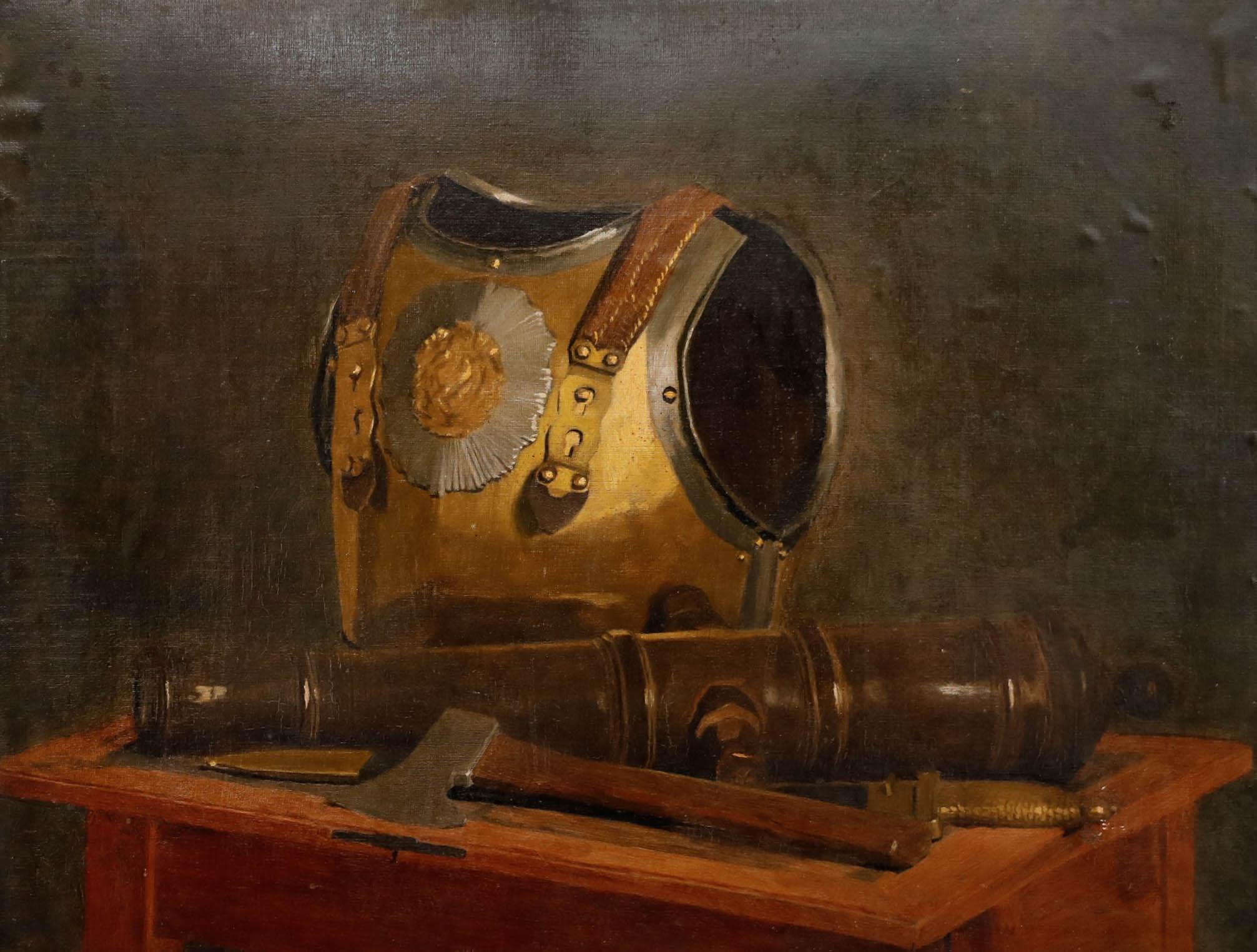 Huile encadrée du début du 20e siècle - Nature morte militaire - Painting de Unknown