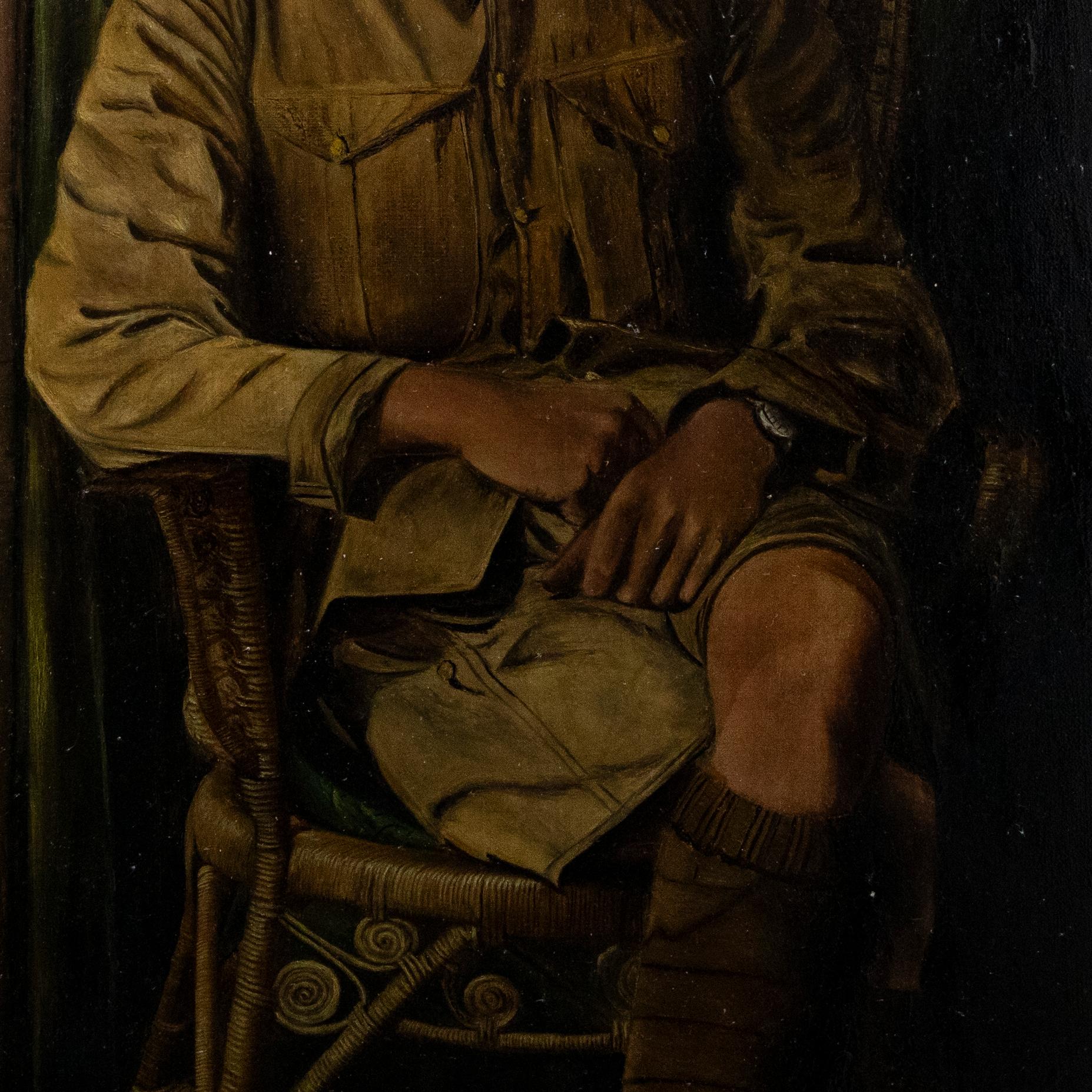 A striking portrait of a British WWI soldier in uniform. The artist has depicted the handsome man, seated in a wicker chair with a green curtain draped to the background. Presented in a substantial gilt-effect frame. Unsigned. On canvas on