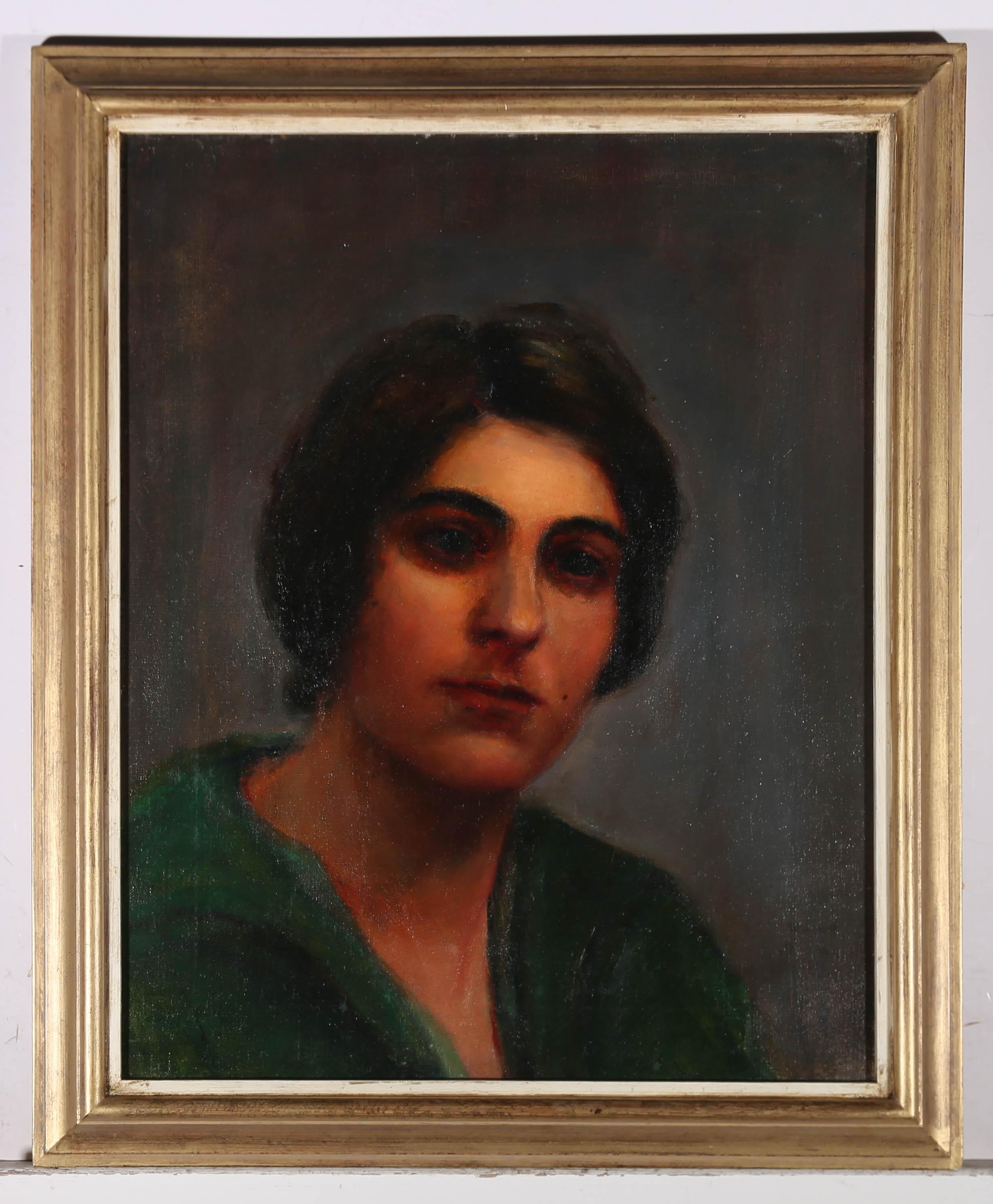 A well painted, early 20th century, impressionist portrait of a lady wearing a green top. Presented in tone down, modern style, gilt frame. On canvas on stretchers.






