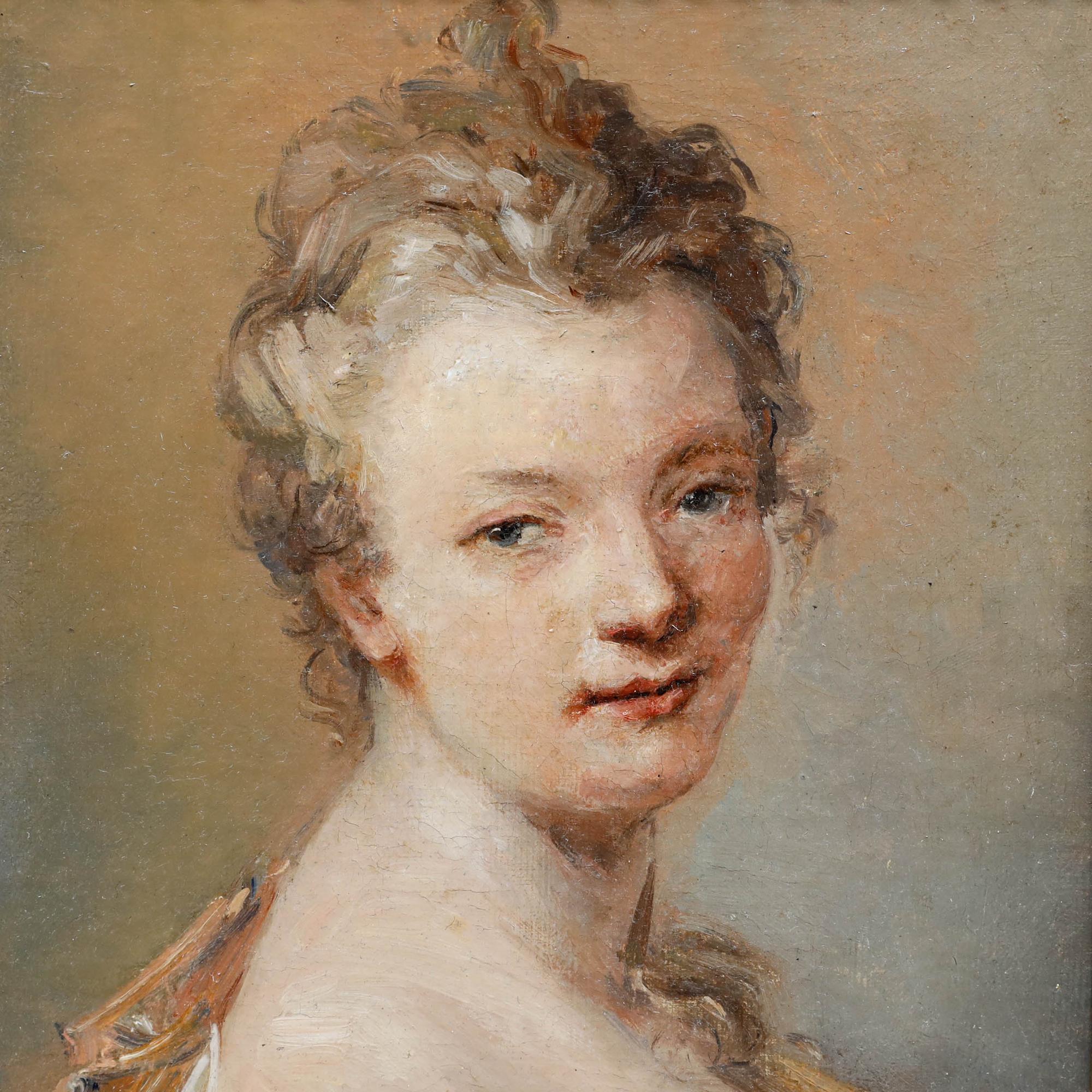 A finely painted 18th-century-style portrait of a young woman, captured in a three-quarter pose with a gentle, confident expression. Her powdered hair and delicate features are rendered with soft, fluid brushwork, set against a neutral background