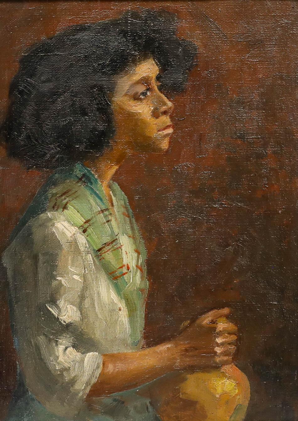 Óleo enmarcado de principios del siglo XX - Retrato de mujer de perfil - Painting de Unknown