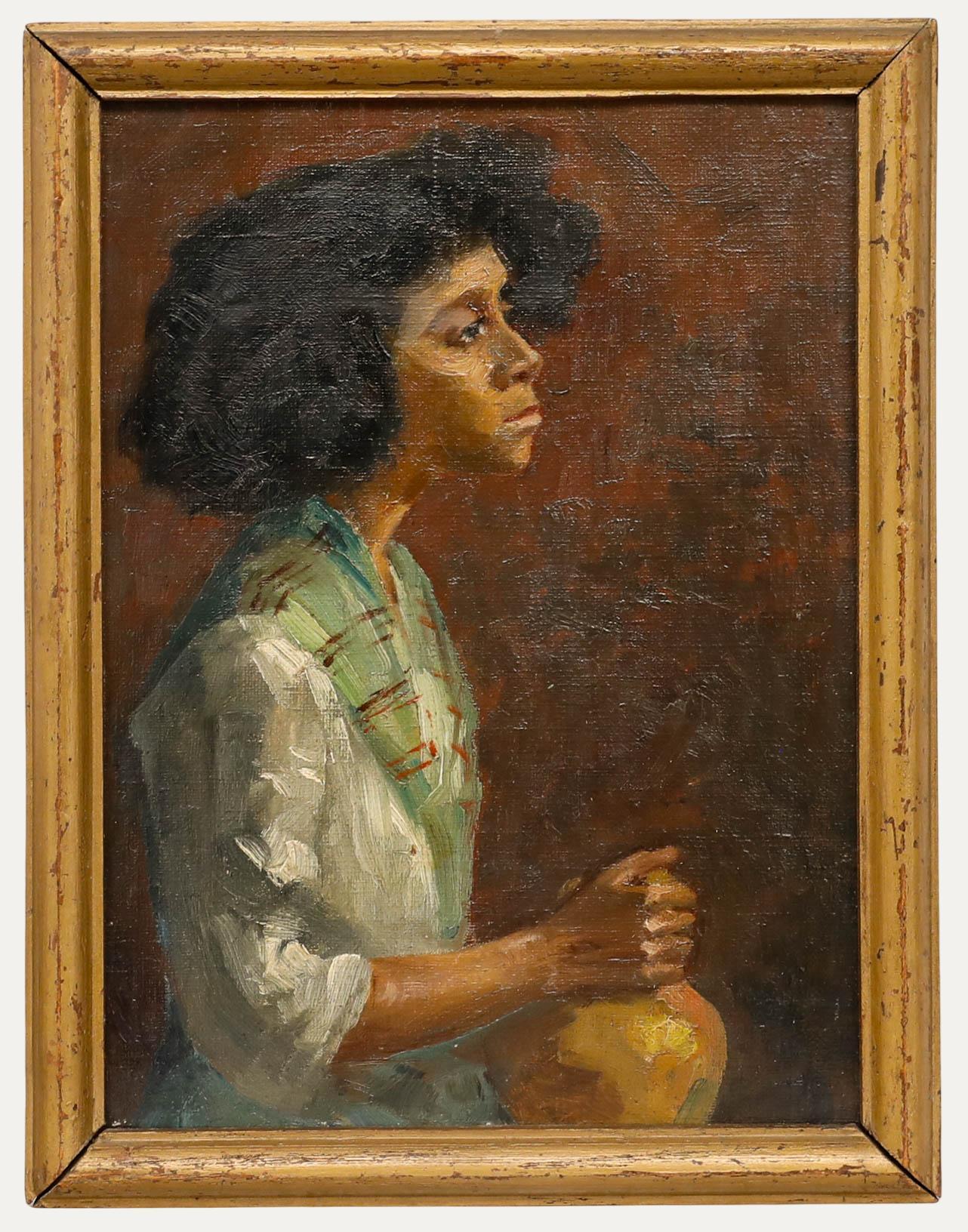 Portrait Painting de Unknown - Óleo enmarcado de principios del siglo XX - Retrato de mujer de perfil