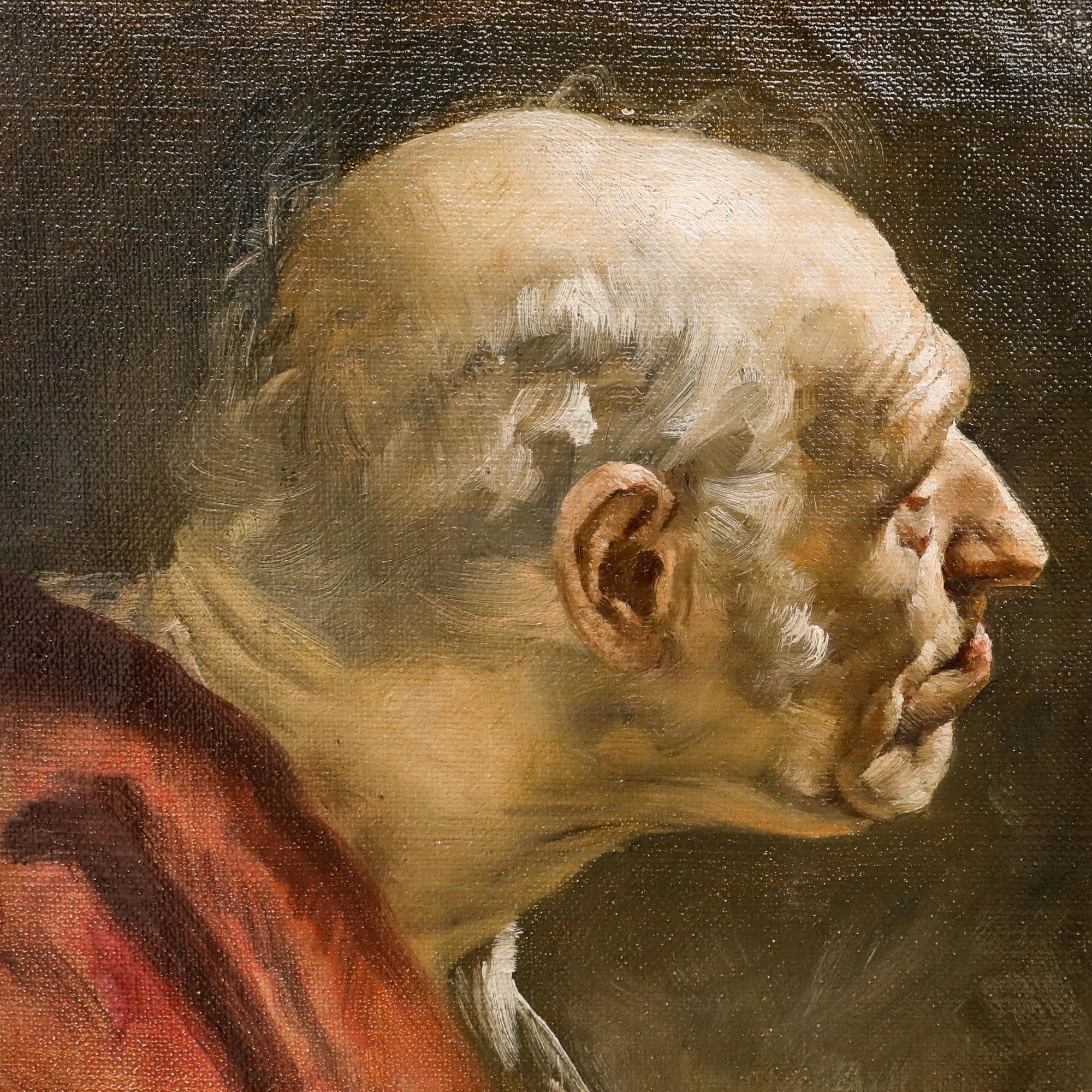 Este retrato de carácter capta a un anciano de perfil, con la cabeza como mirando algo más allá del marco. La obra está bellamente presentada en un marco de madera chapada en nogal. Sin firmar. Sobre lienzo colocado sobre tabla.