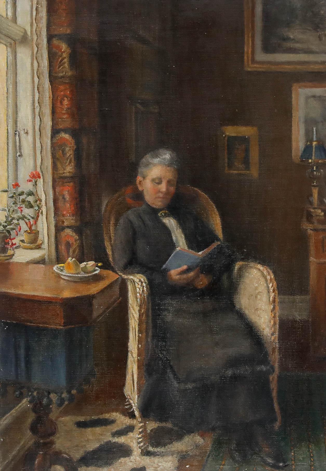 Huile encadrée du début du 20e siècle - Lecture à la fenêtre - Painting de Unknown