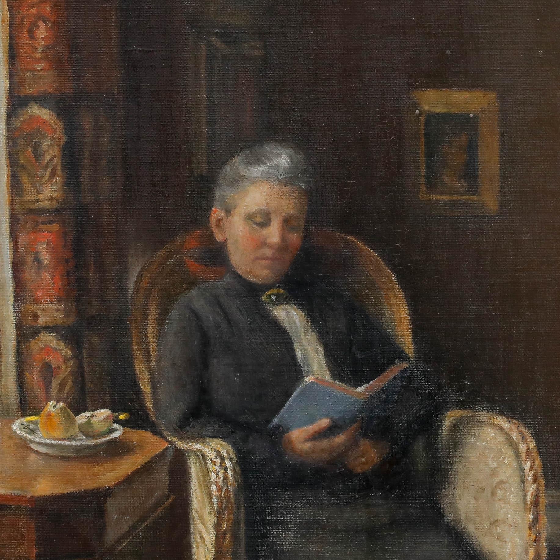 Huile encadrée du début du 20e siècle - Lecture à la fenêtre en vente 1