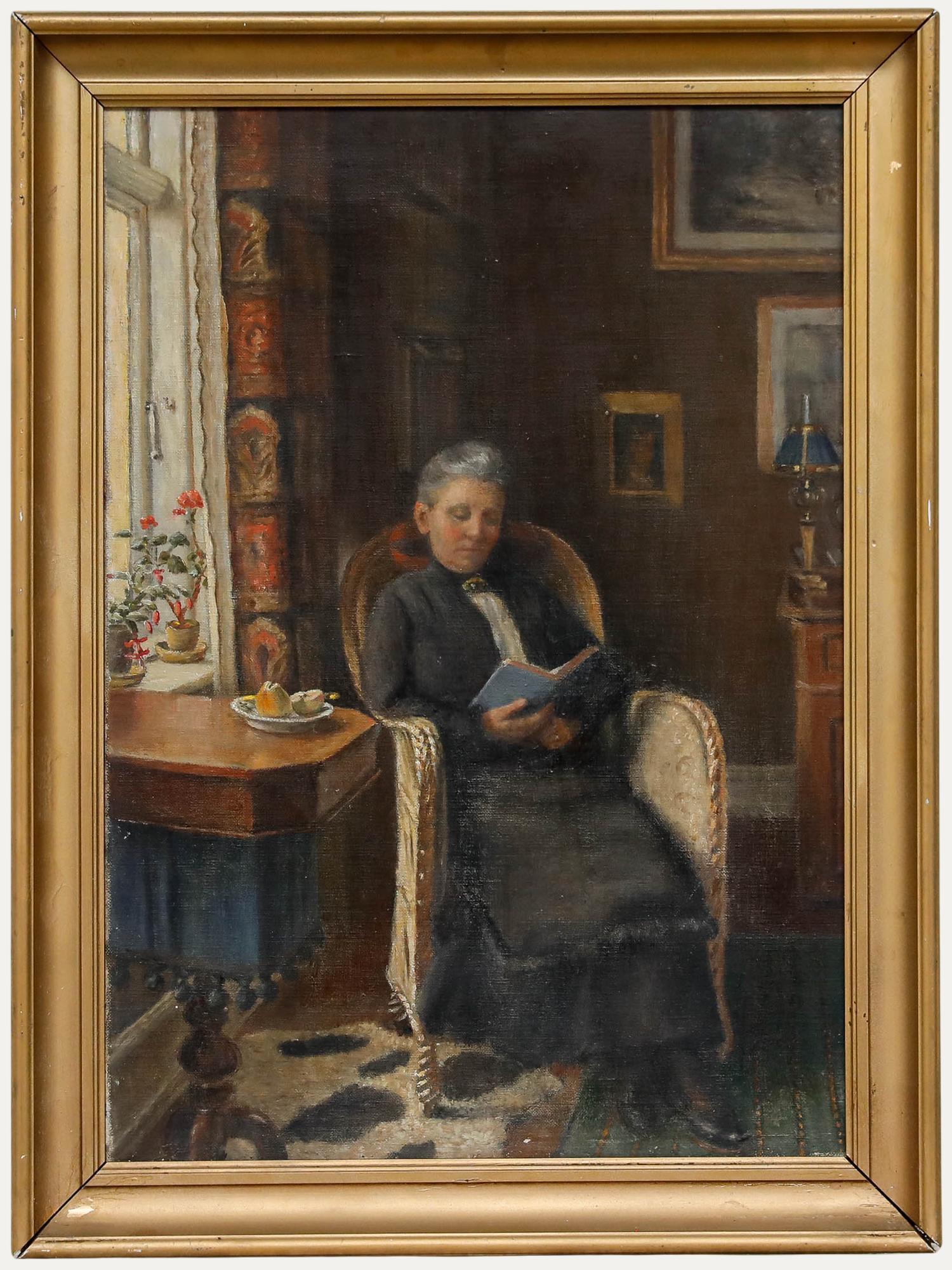 Figurative Painting Unknown - Huile encadrée du début du 20e siècle - Lecture à la fenêtre