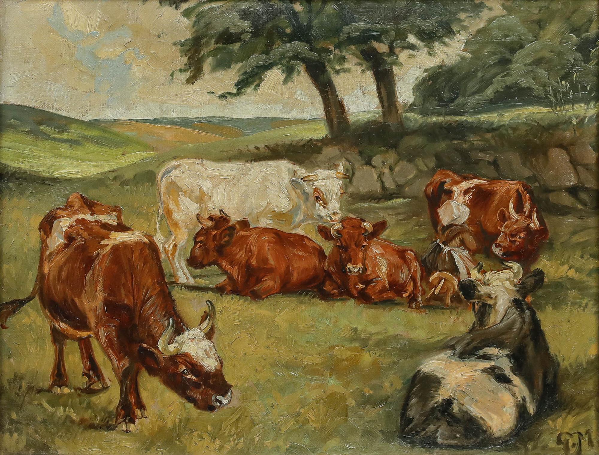 Framed Early 20th Century Oil - Resting Cows - Painting by Unknown