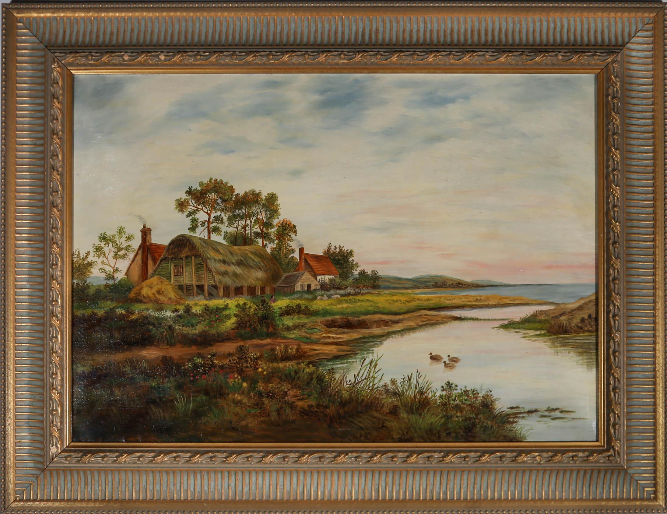Unknown Landscape Painting – Gerahmtes Öl aus dem frühen 20. Jahrhundert - Salt Marsh Farm