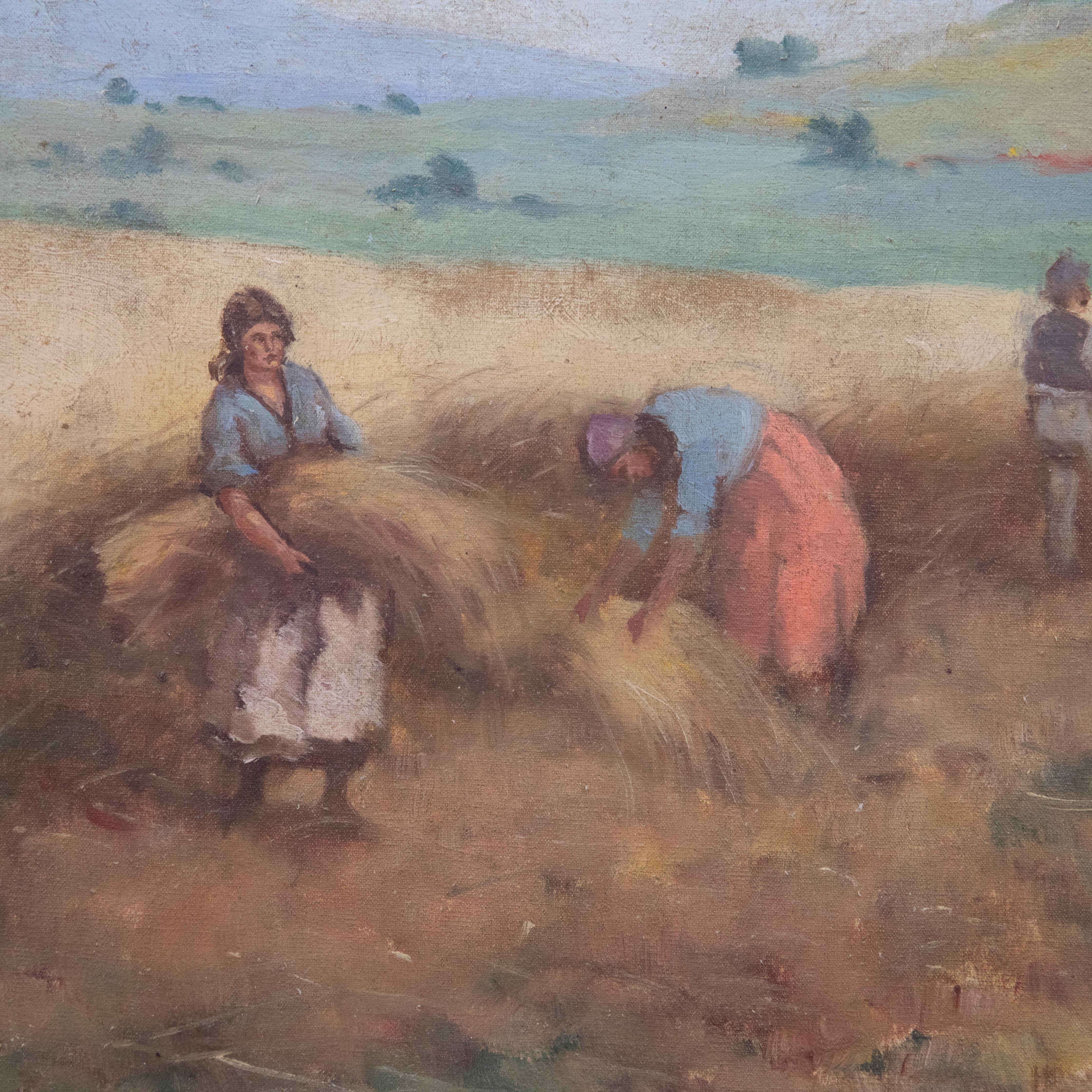 Framed Early 20th Century Oil - Scything the Summer Wheat For Sale 1