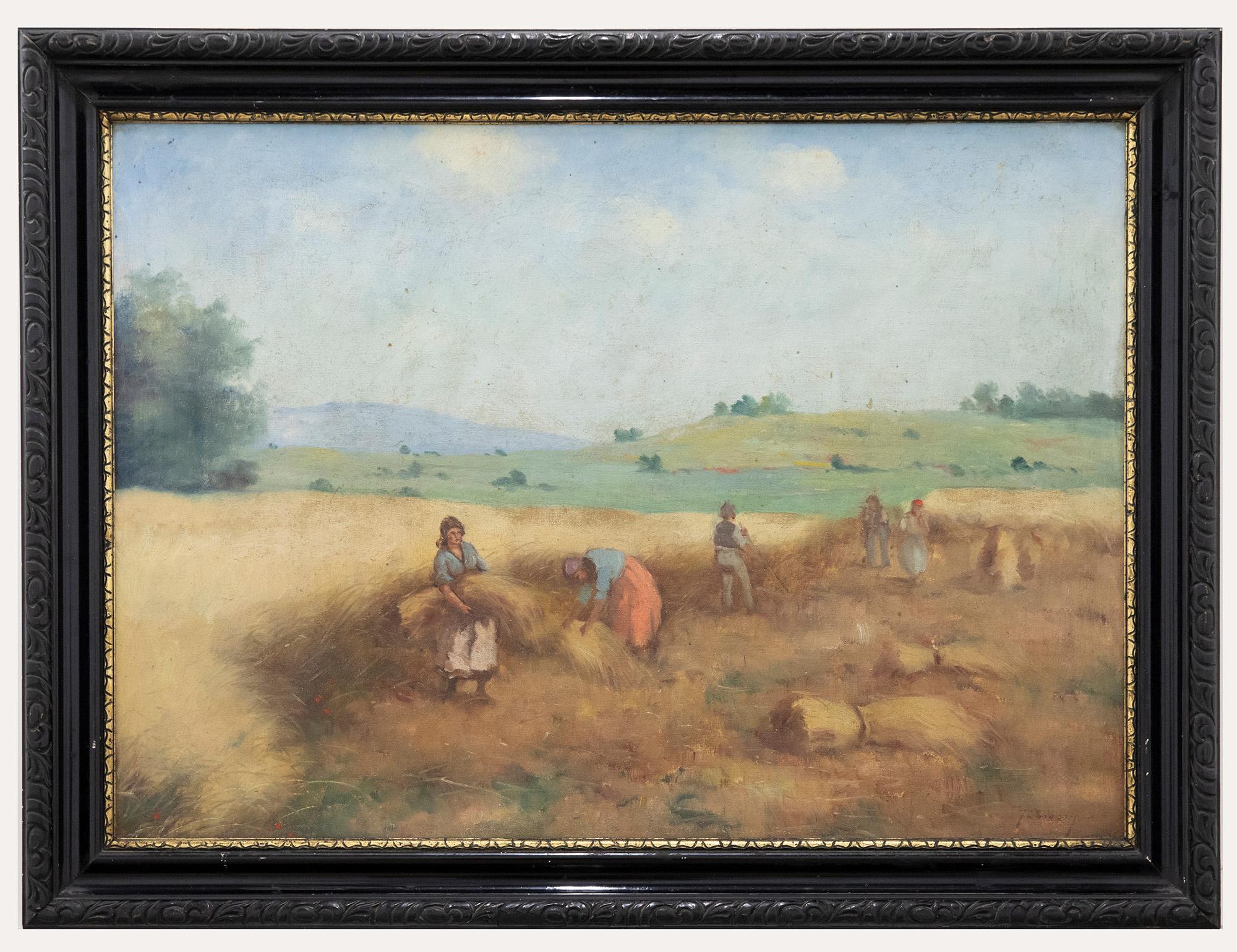 Unknown Landscape Painting - Framed Early 20th Century Oil - Scything the Summer Wheat