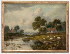 Framed Early 20th Century Oil - Sheep by the Riverside