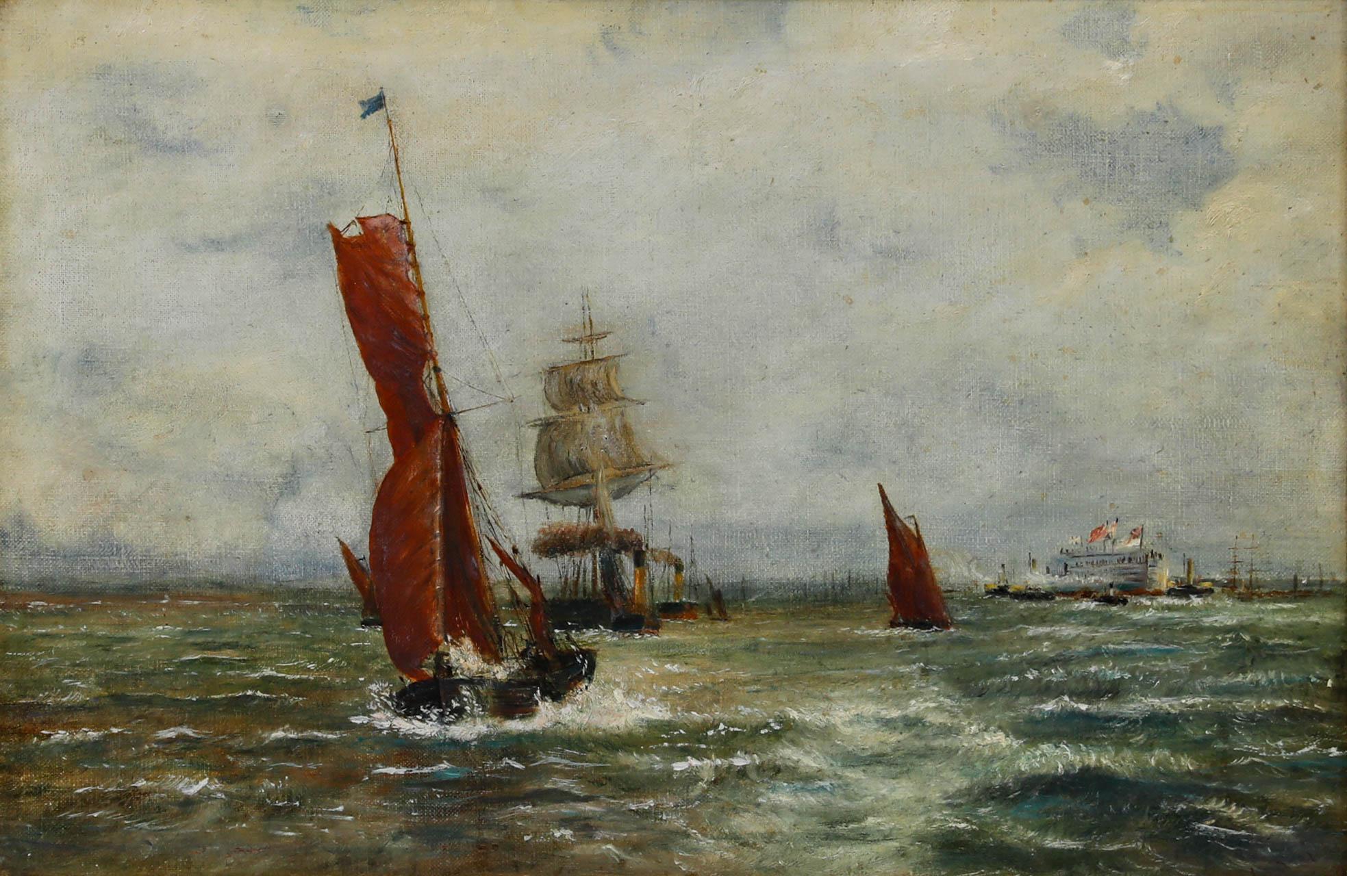 Gerahmtes Ölgemälde des frühen 20. Jahrhunderts – Schiffe beim Ankunft des Hafens – Painting von Unknown