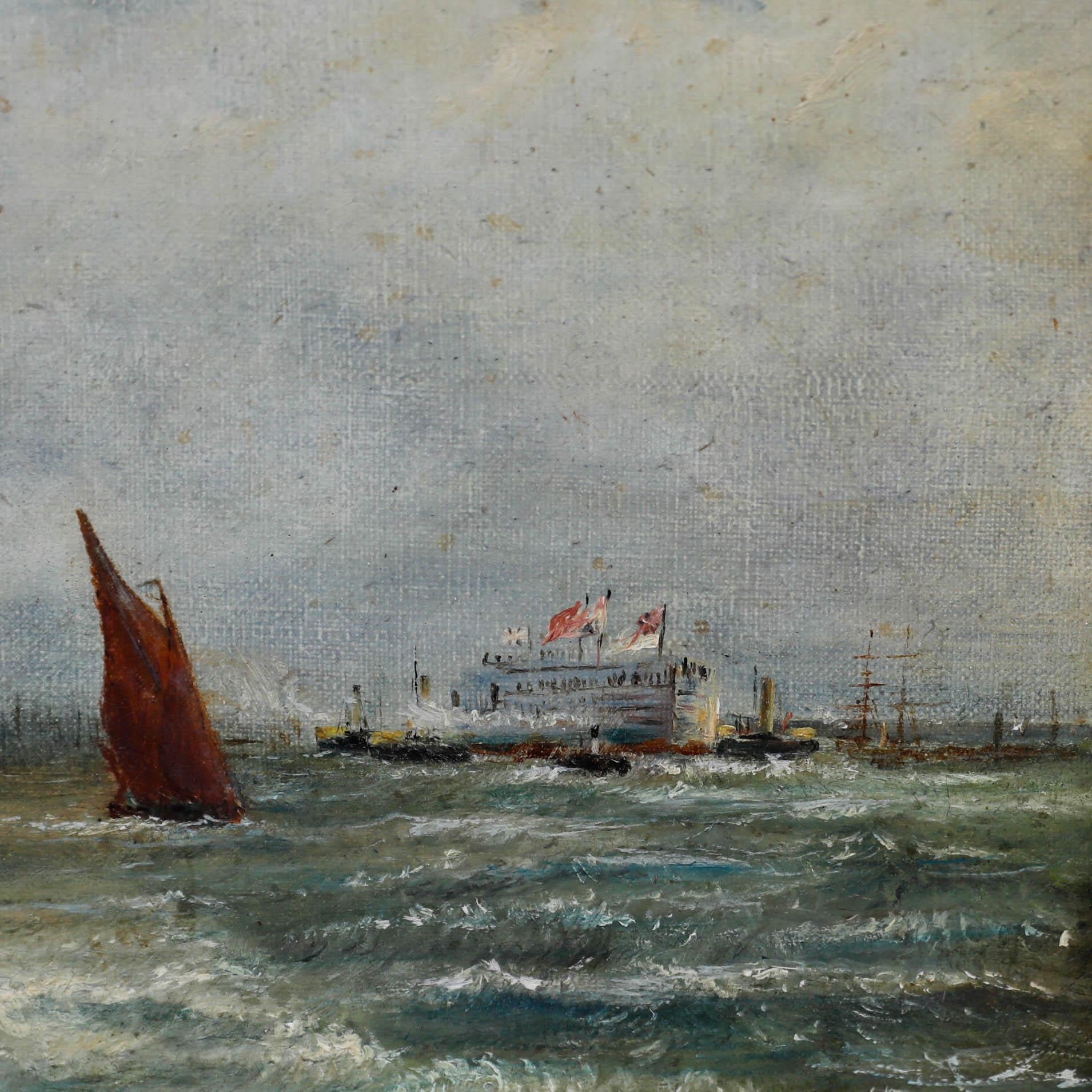 Gerahmtes Ölgemälde des frühen 20. Jahrhunderts – Schiffe beim Ankunft des Hafens (Braun), Figurative Painting, von Unknown