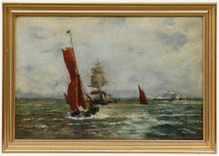 Framed Early 20th Century Oil - Ships Approaching Port