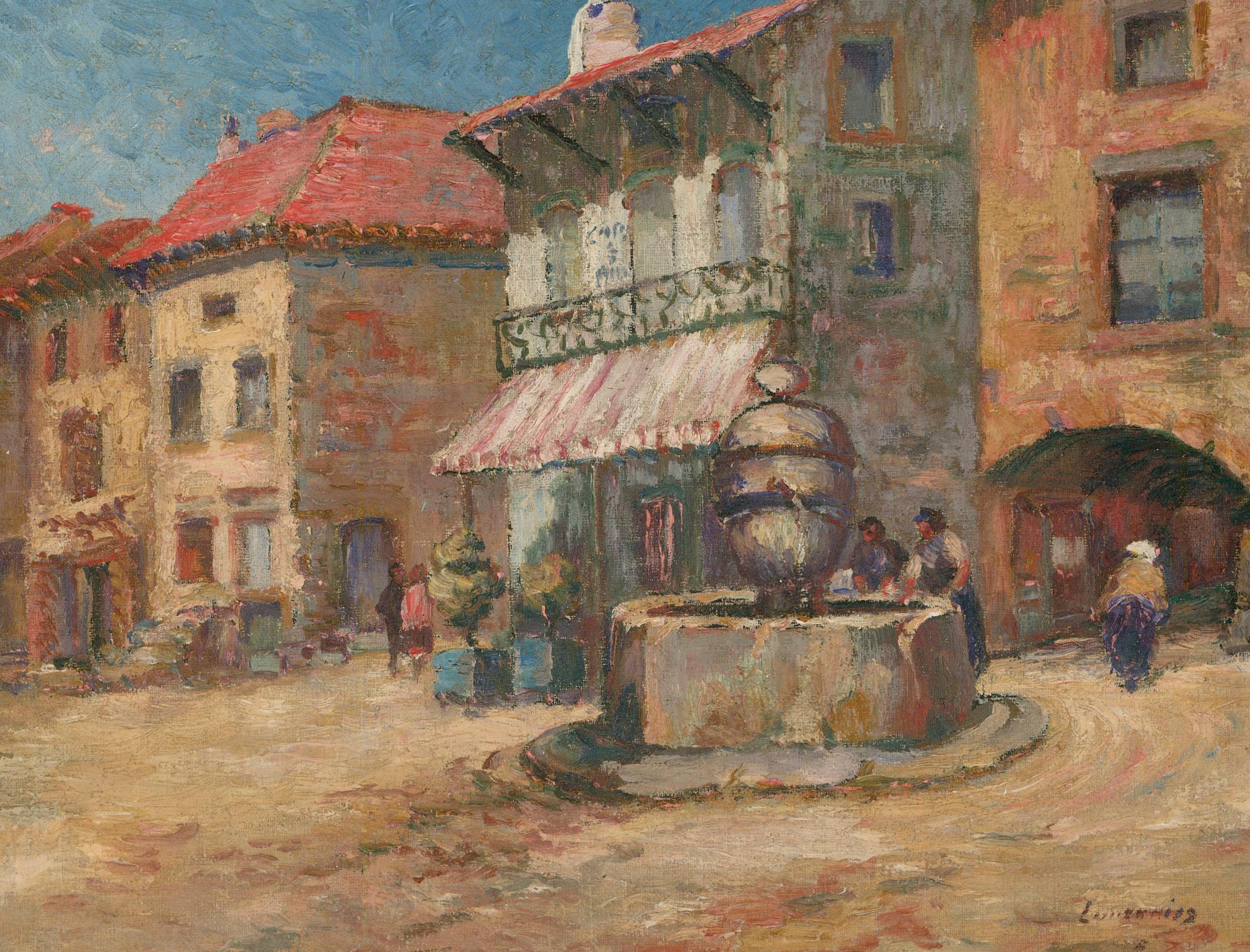 Framed Early 20th Century Oil - Spanish Town Square - Painting by Unknown