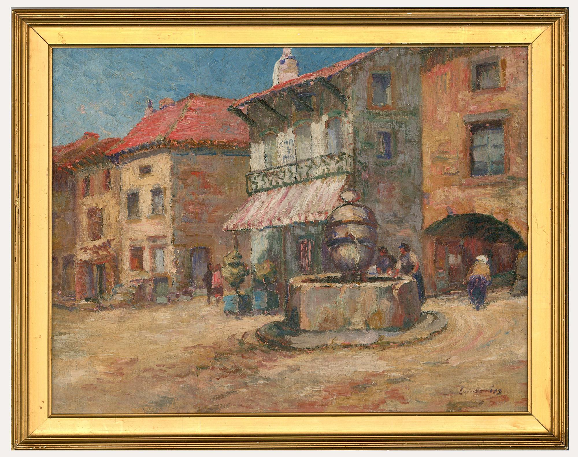 Unknown Landscape Painting - Framed Early 20th Century Oil - Spanish Town Square