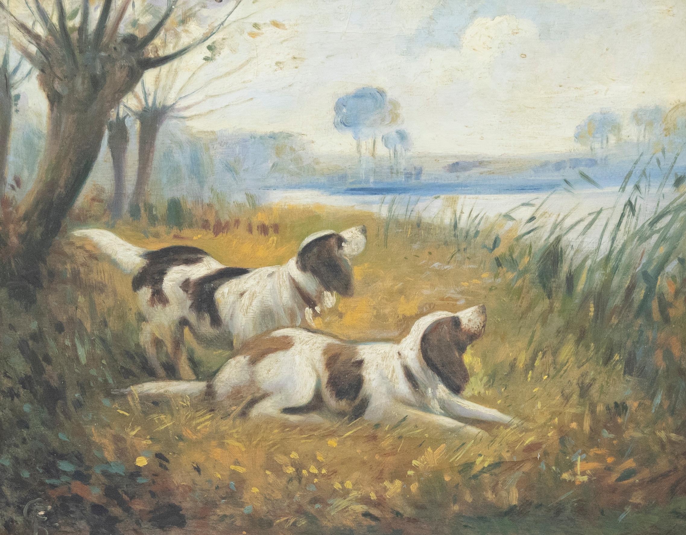 Framed Early 20th Century Oil - Springer Spaniels in a Landscape - Painting by Unknown